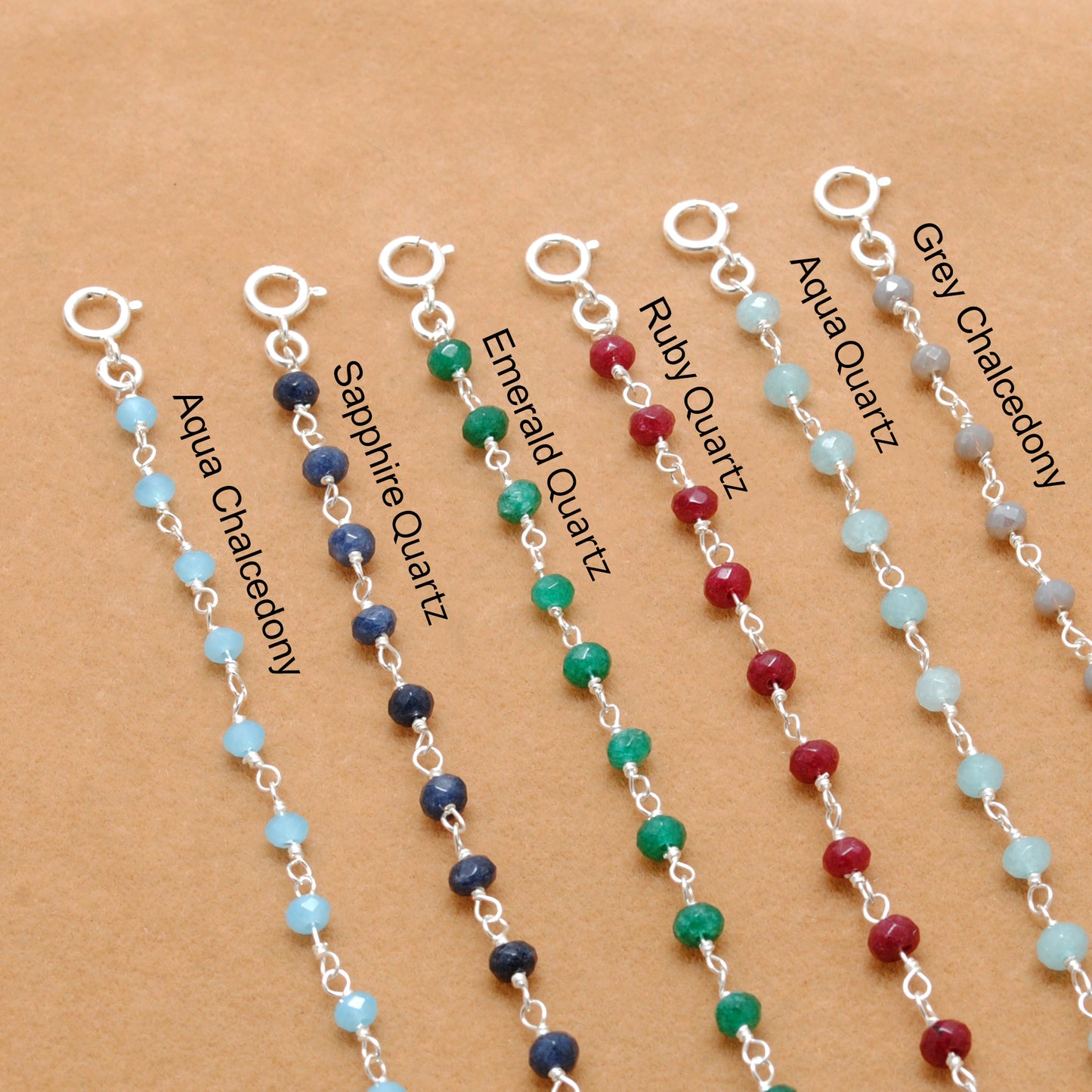 925 Sterling Silver Necklace with Aqua, Emerald, Ruby & Sapphire Quartz and Chalcedony