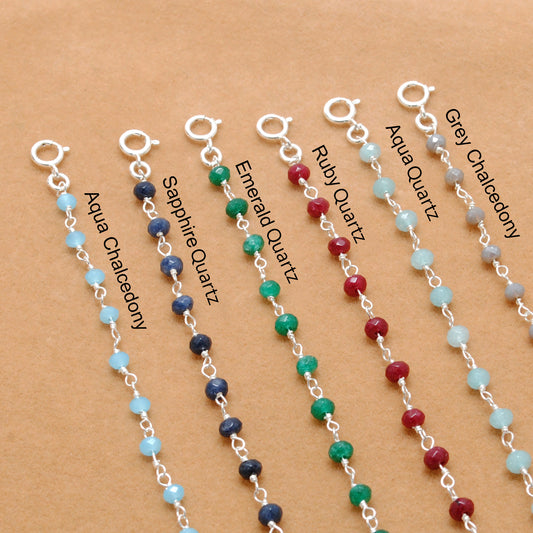 925 Sterling Silver Necklace with Aqua, Emerald, Ruby & Sapphire Quartz and Chalcedony