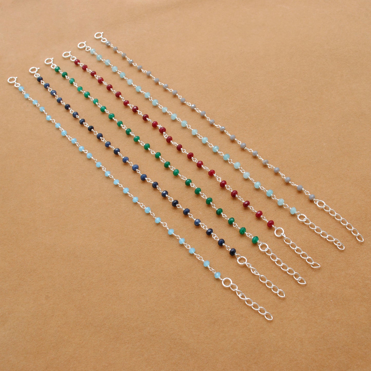 925 Sterling Silver Necklace with Aqua, Emerald, Ruby & Sapphire Quartz and Chalcedony