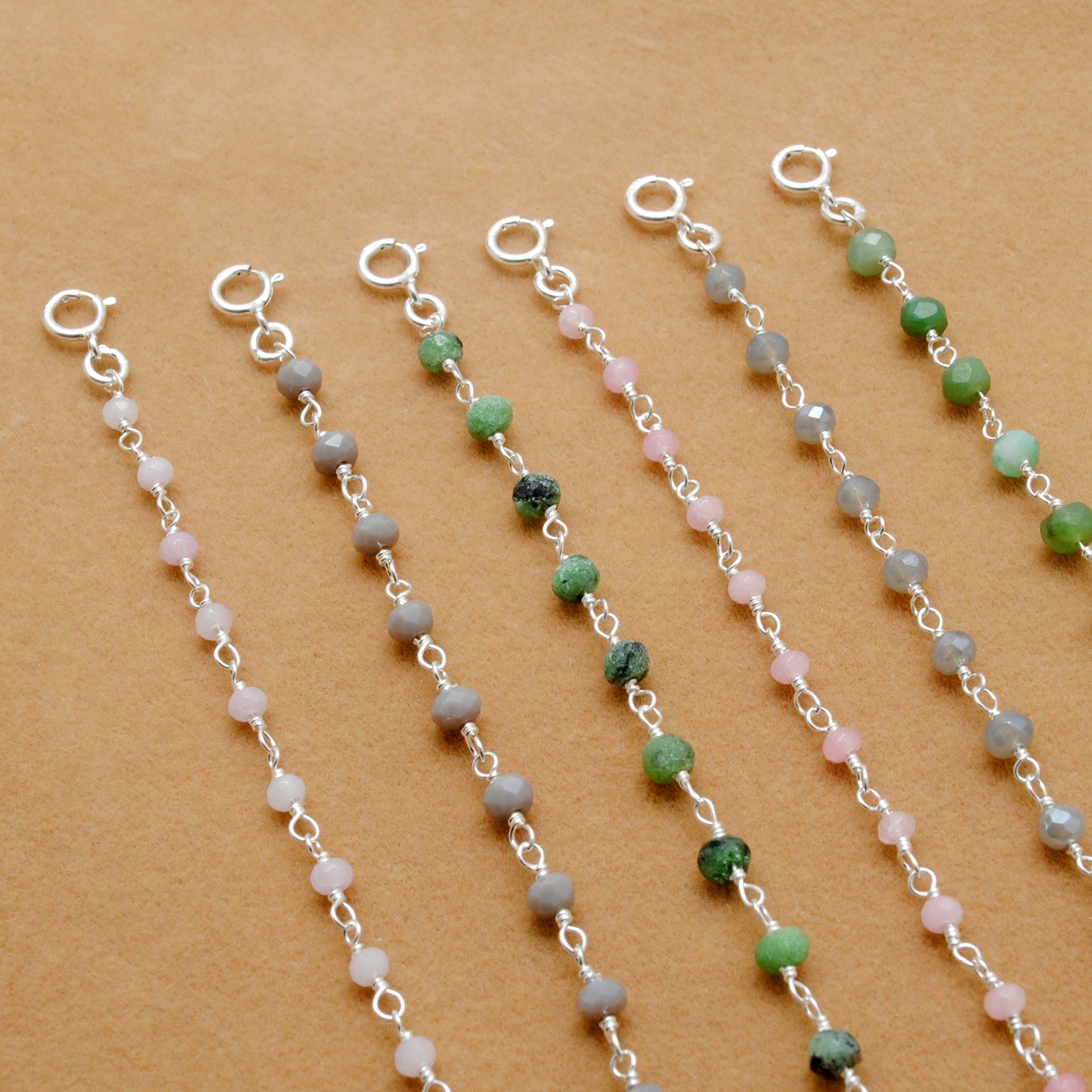 925 Sterling Silver Bracelet with Emerald Quartz, Ruby Zoisite, Pink & Kunzite Quartz Gemstones