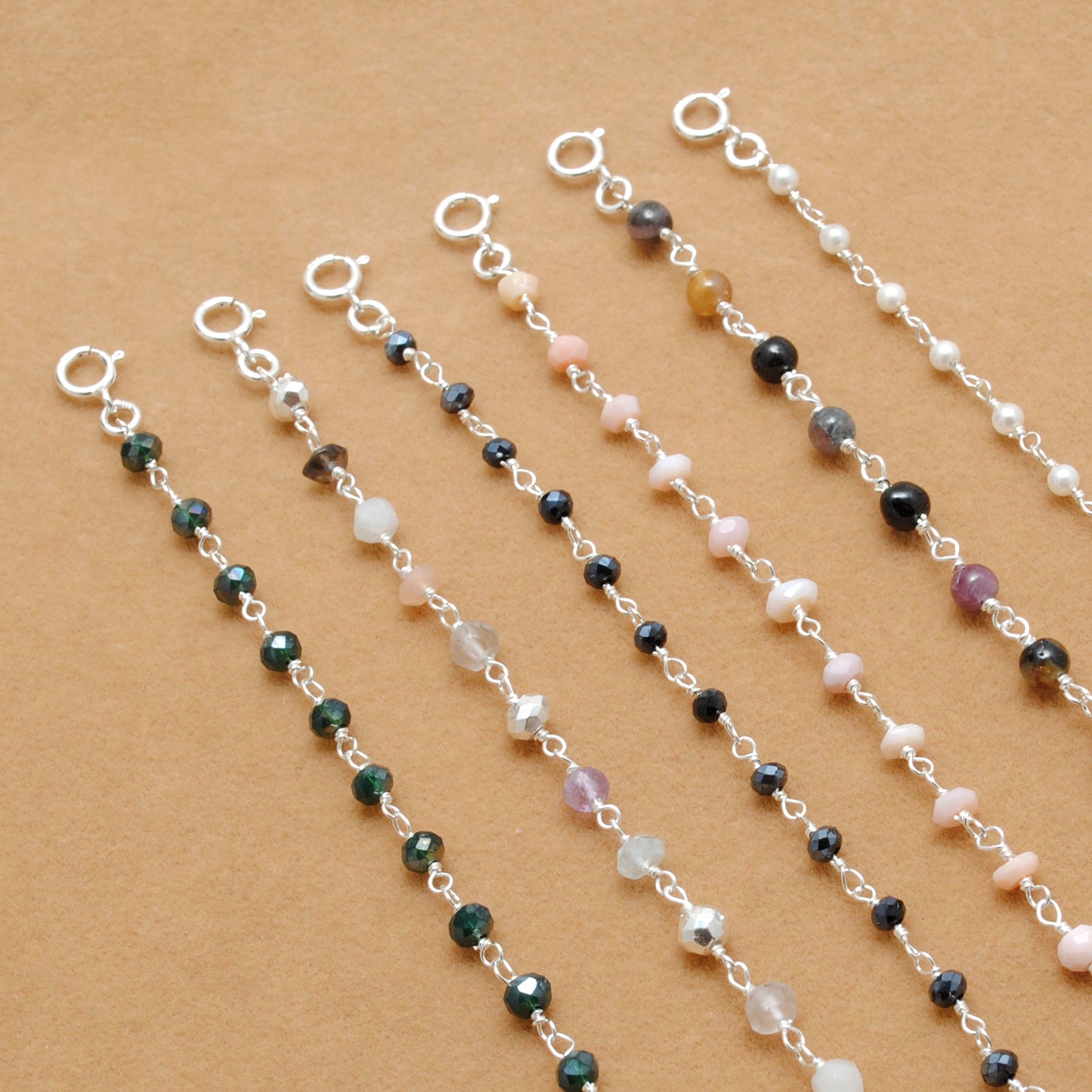 Elegant Multi-Stone Silver Necklace with Tourmaline, Pink Opal, and Shell Pearls
