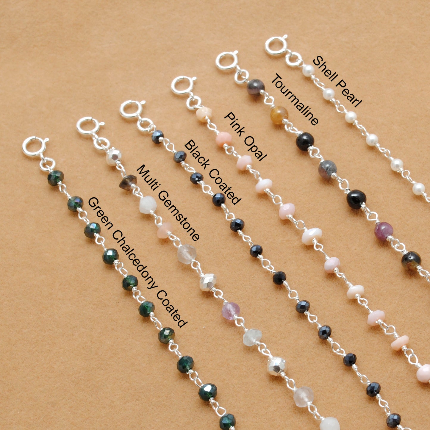 Elegant Multi-Stone Silver Necklace with Tourmaline, Pink Opal, and Shell Pearls