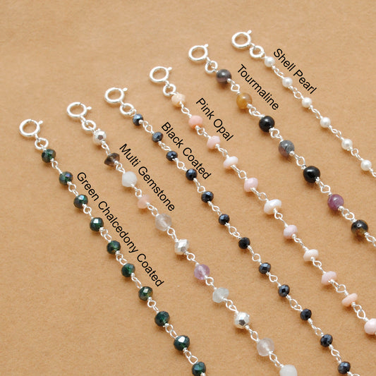 Elegant Multi-Stone Silver Necklace with Tourmaline, Pink Opal, and Shell Pearls