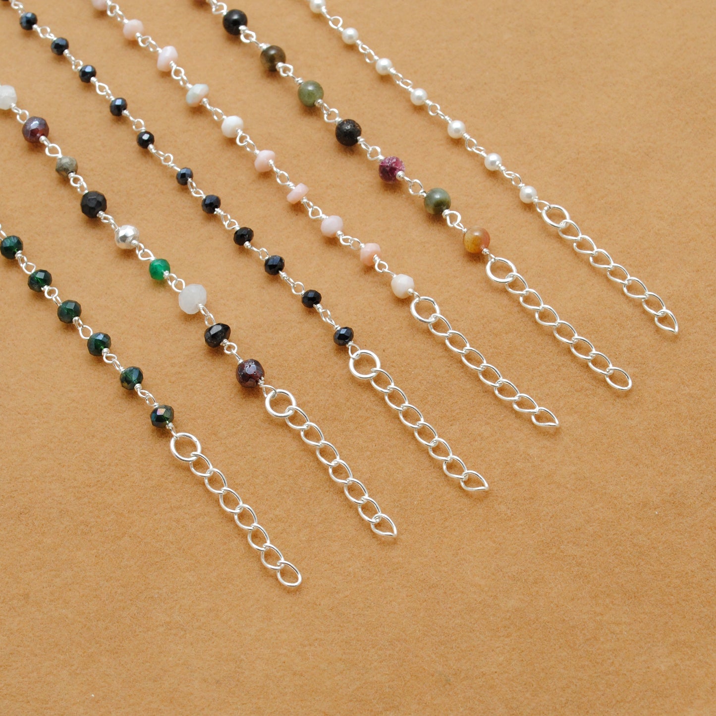 Elegant Multi-Stone Silver Necklace with Tourmaline, Pink Opal, and Shell Pearls