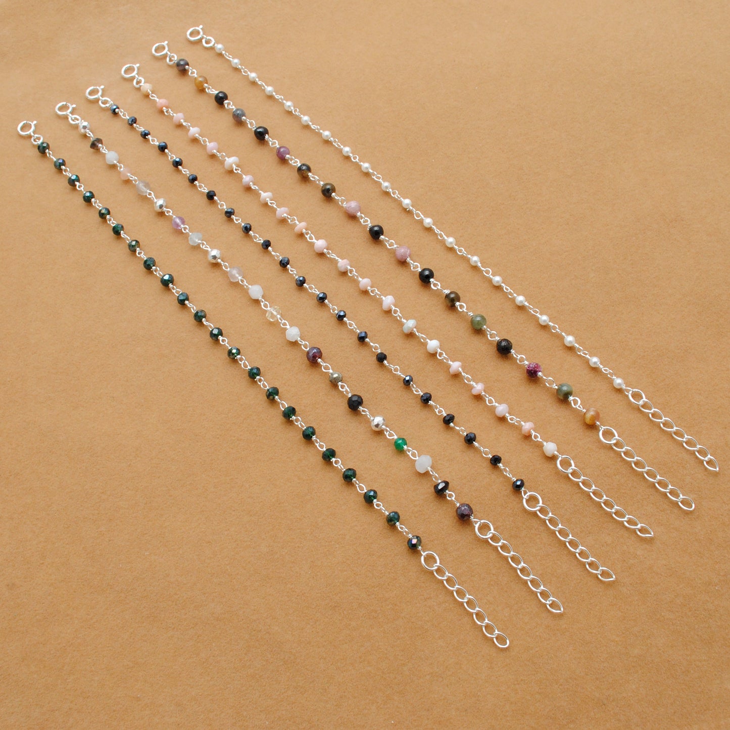 Elegant Multi-Stone Silver Necklace with Tourmaline, Pink Opal, and Shell Pearls