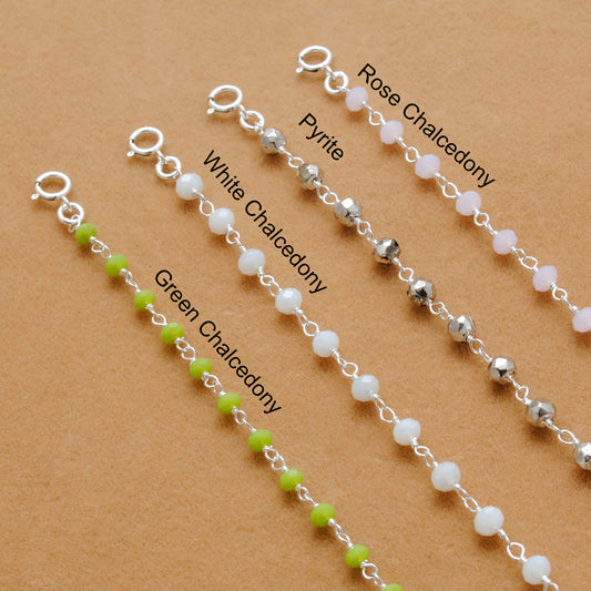 Sterling Silver Rose & Green Chalcedony Beaded Necklace with Pyrite