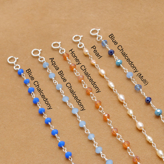 925 Sterling Silver Multi-Chalcedony & Peal Rosary Chain Necklace
