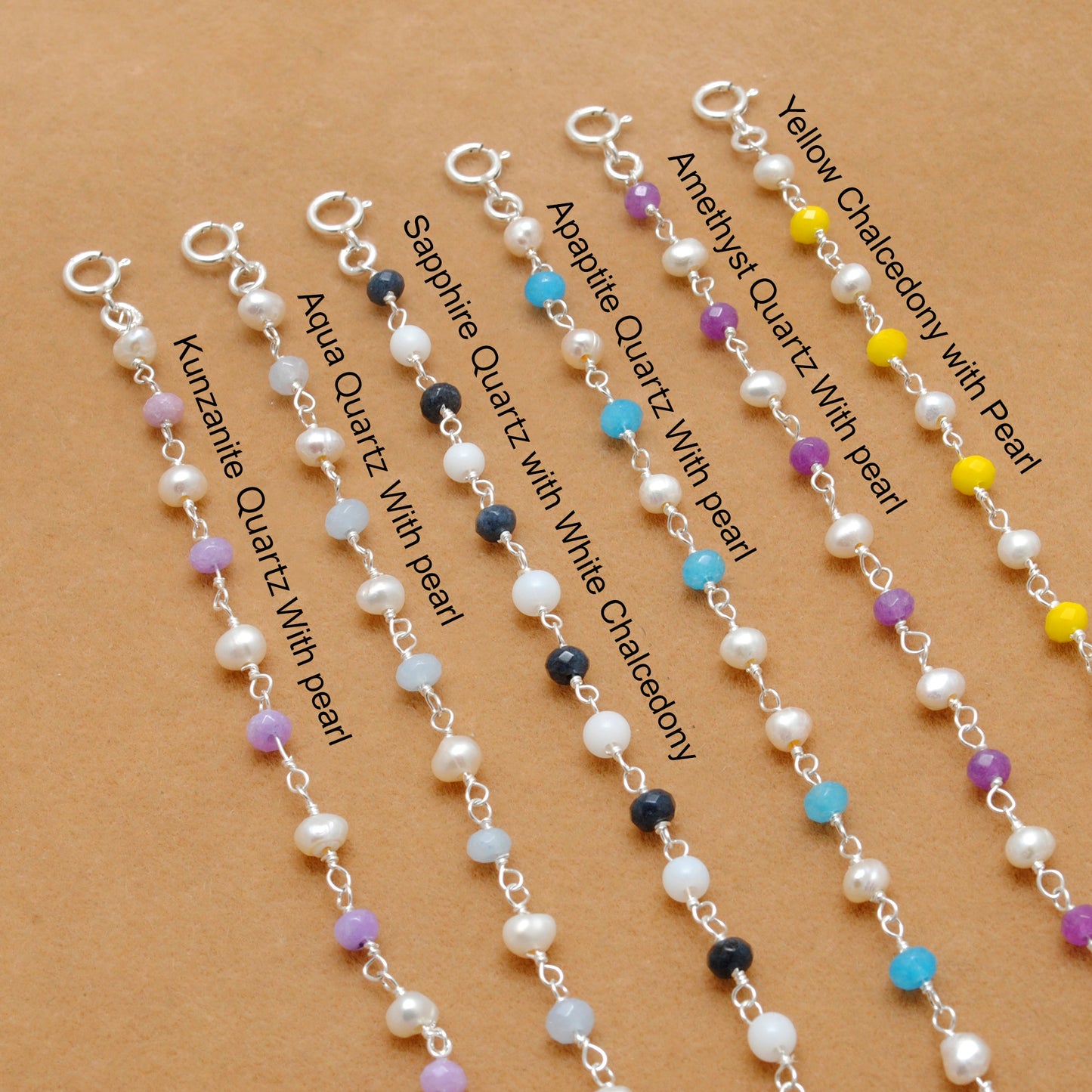 925 Silver Gemstone & Pearl Bracelet – Yellow Chalcedony, Amethyst, Sapphire Quartz