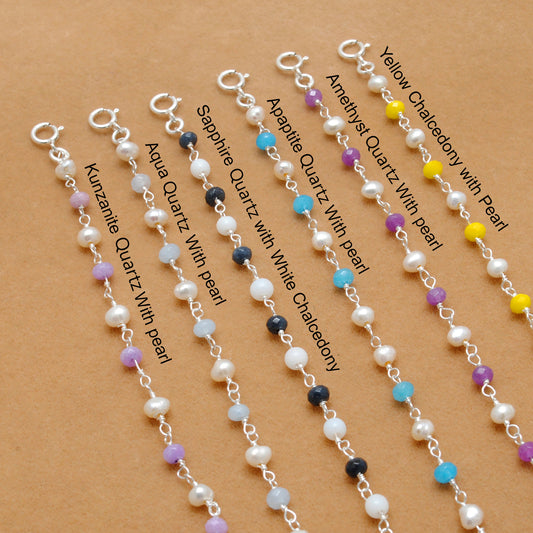 Sterling Silver Multi-Gemstone & Pearl Necklace – Yellow Chalcedony, Amethyst, Sapphire Quartz