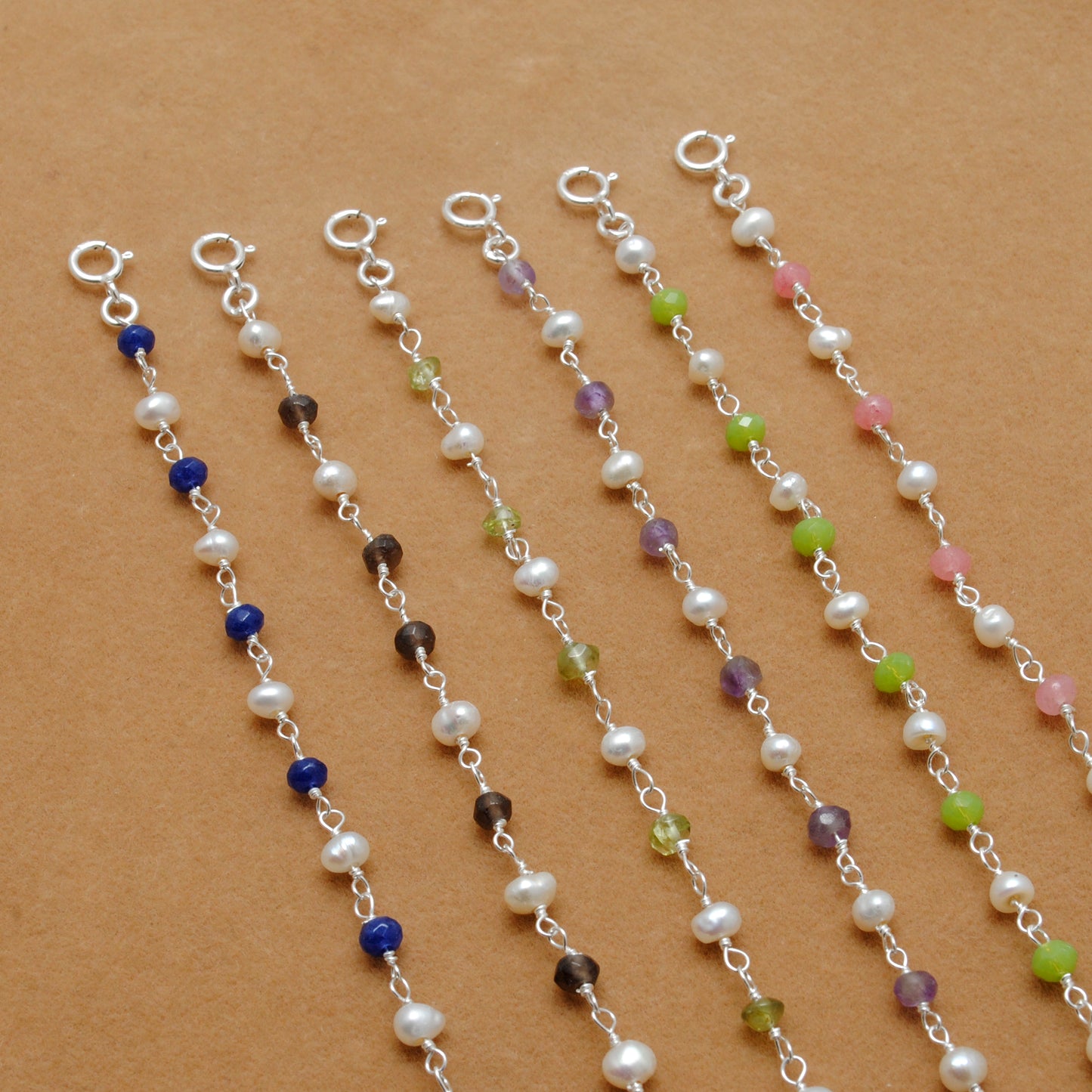 925 Silver Multi-Gemstone & Pearl Bracelet – Amethyst, Chalcedony, Smoky Quartz