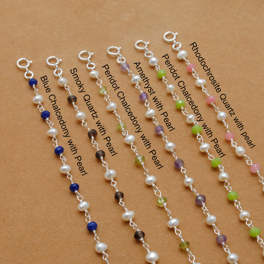 925 Sterling Silver Multi-Gemstone & Pearl Beaded Necklace – Amethyst, Chalcedony, Quartz