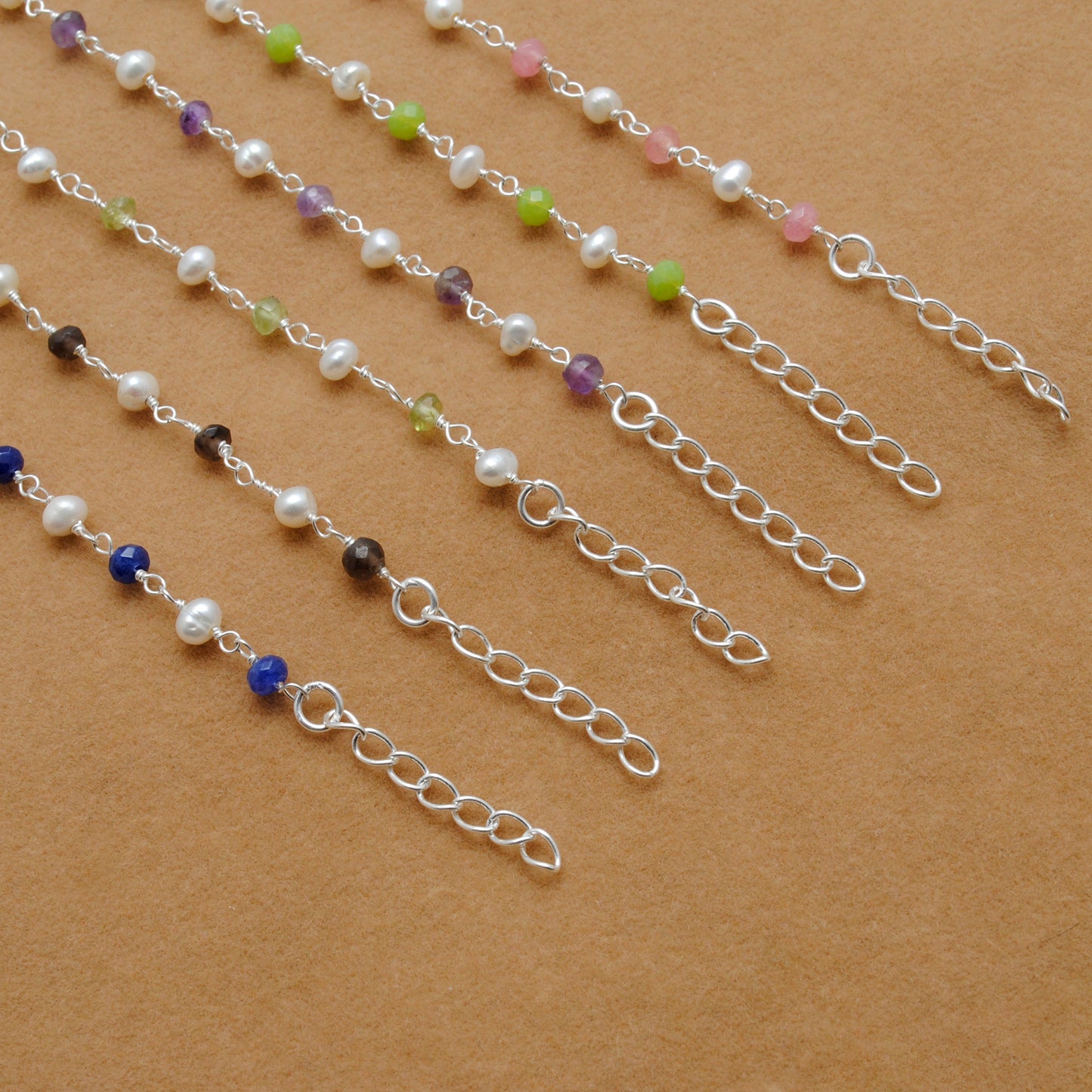 925 Silver Multi-Gemstone & Pearl Bracelet – Amethyst, Chalcedony, Smoky Quartz
