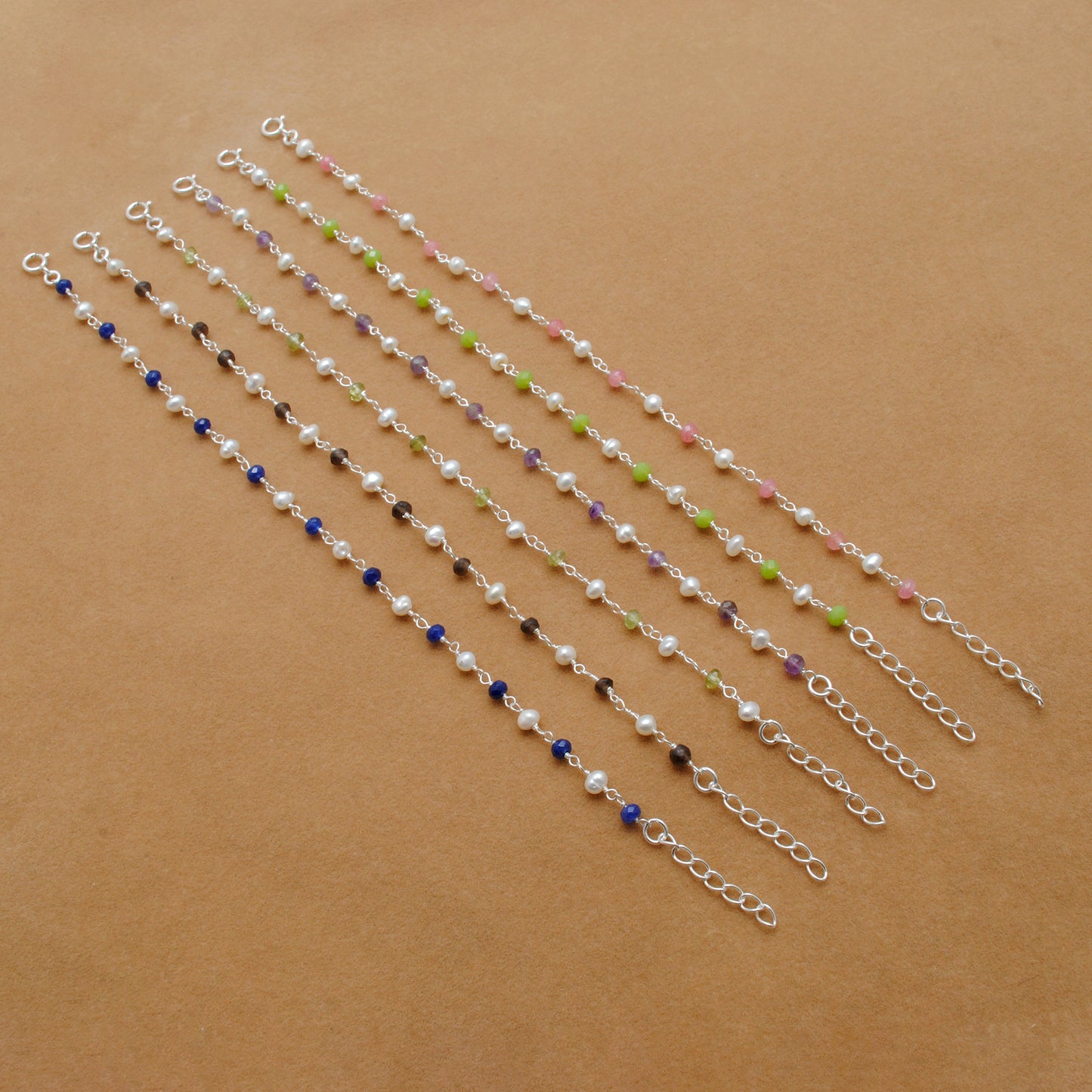 925 Silver Multi-Gemstone & Pearl Bracelet – Amethyst, Chalcedony, Smoky Quartz
