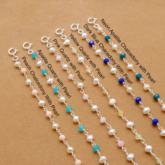 925 Silver Multi Chalcedony with Pearl Accent Beaded Bracelet