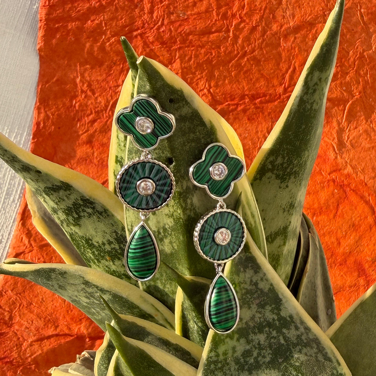 Malachite Cz Dangle Silver Earring Stud