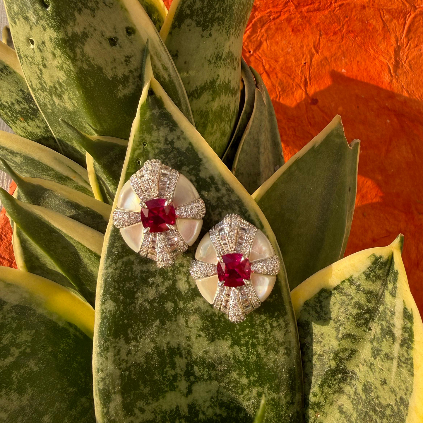 Red Stone With Pave CZ Stud Silver Jewelry
