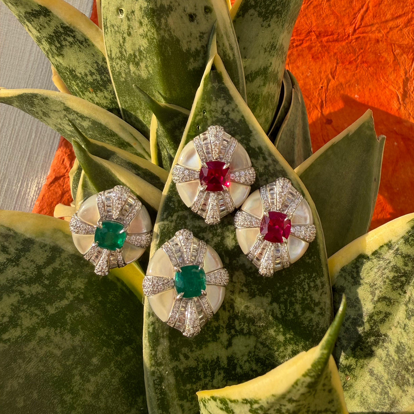 Red Stone With Pave CZ Stud Silver Jewelry