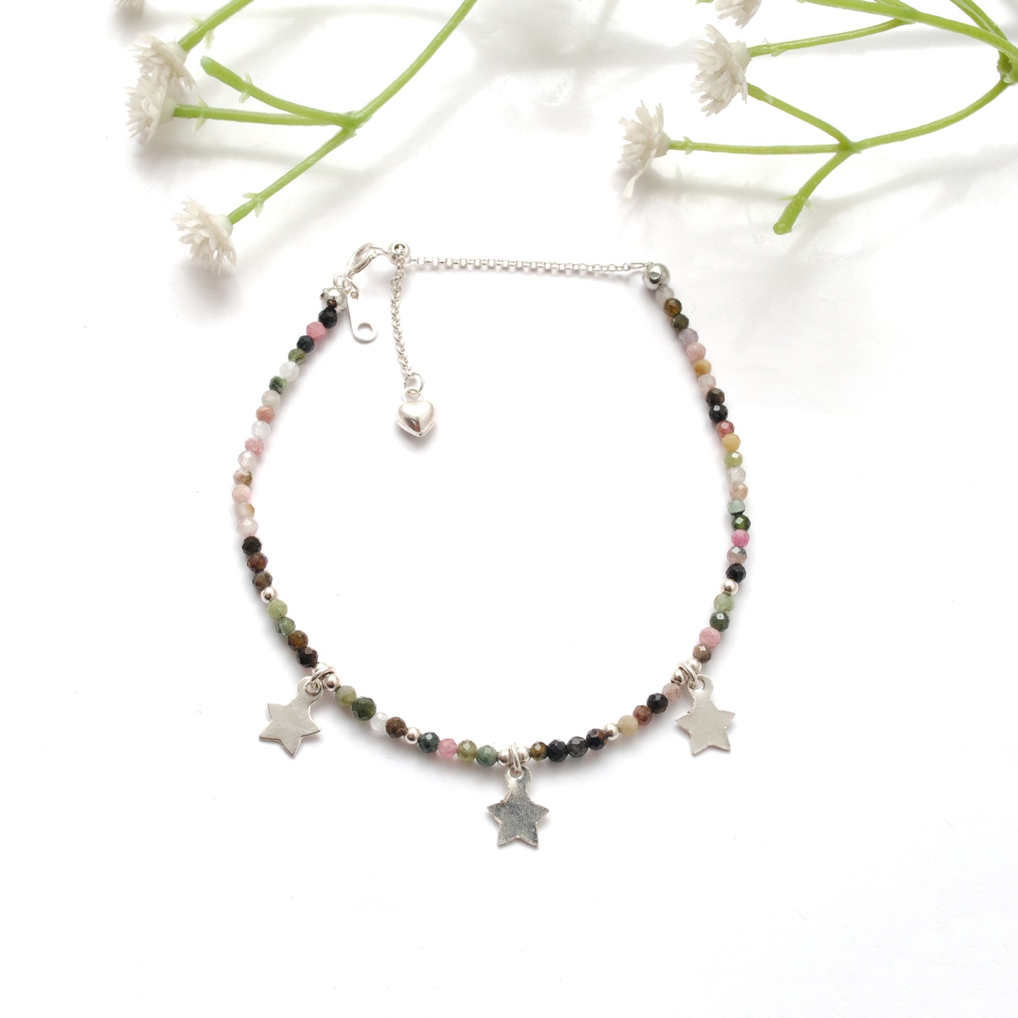Multi Tourmaline 2mm Silver Charm Bracelet Christmas Gift