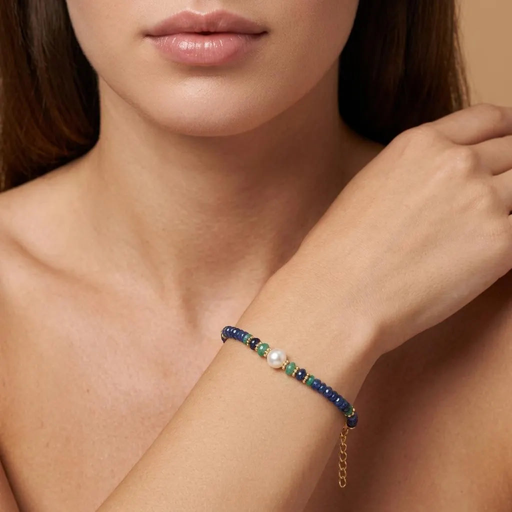 Sapphire Beaded Bracelet, Emerald, Pearl, 925 Sterling Silver
