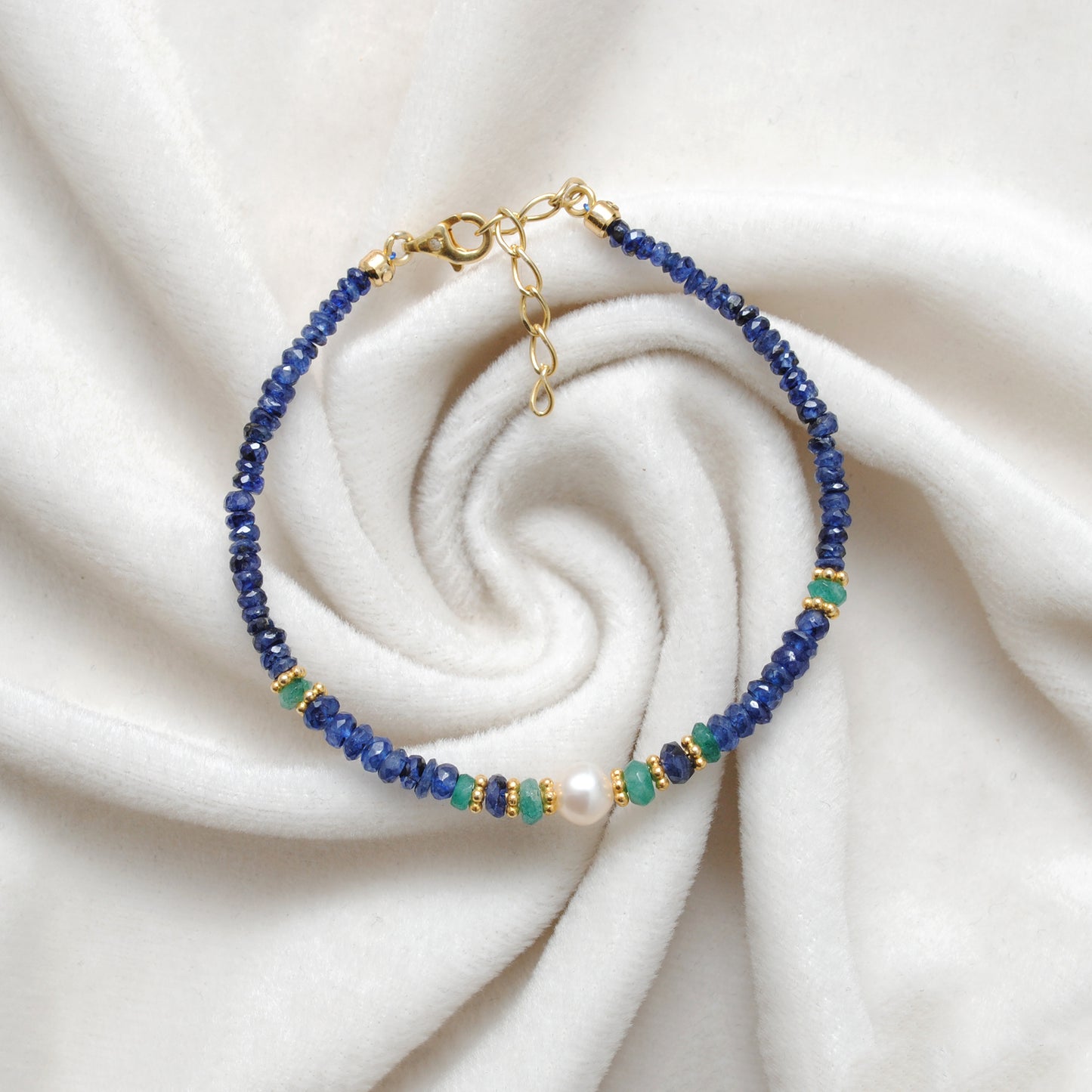 Sapphire Beaded Bracelet, Emerald, Pearl, 925 Sterling Silver