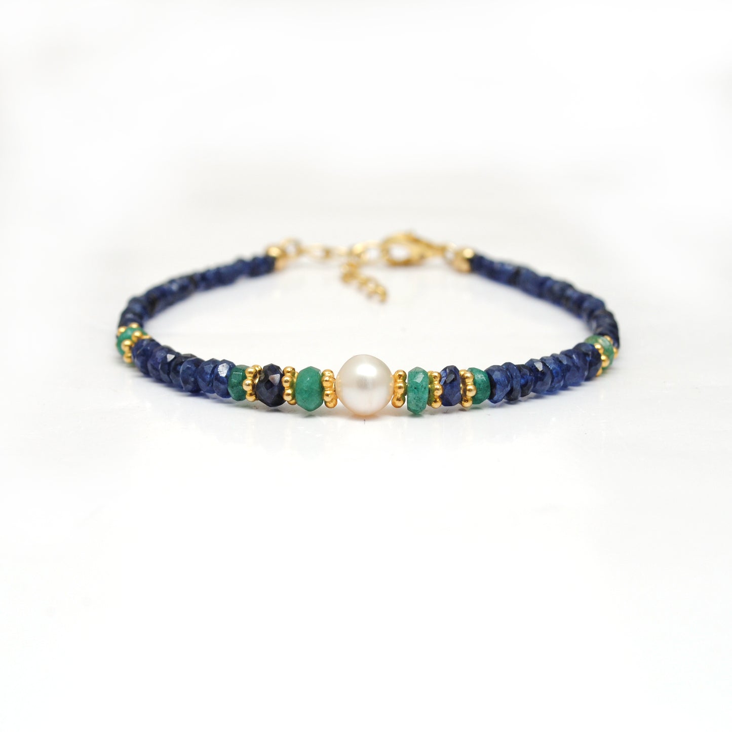 Sapphire Beaded Bracelet, Emerald, Pearl, 925 Sterling Silver