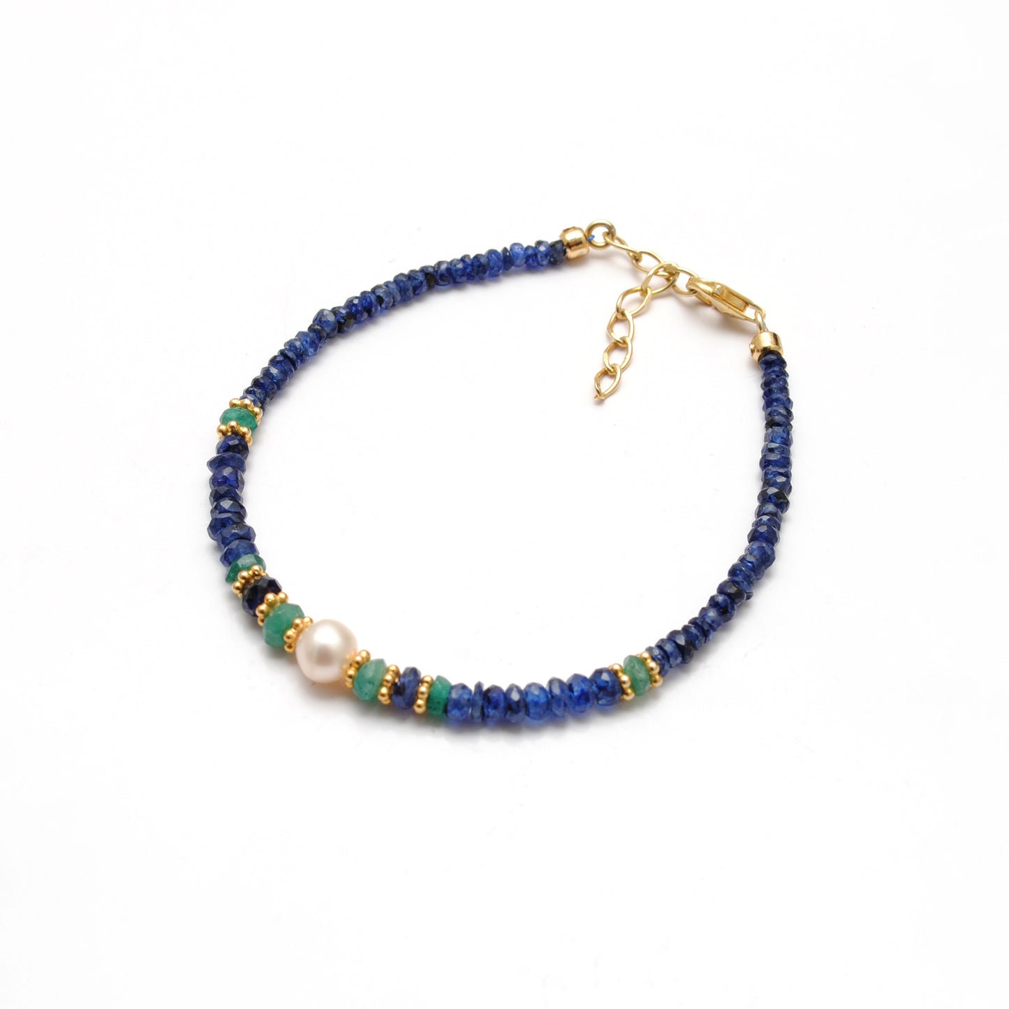 Sapphire Beaded Bracelet, Emerald, Pearl, 925 Sterling Silver