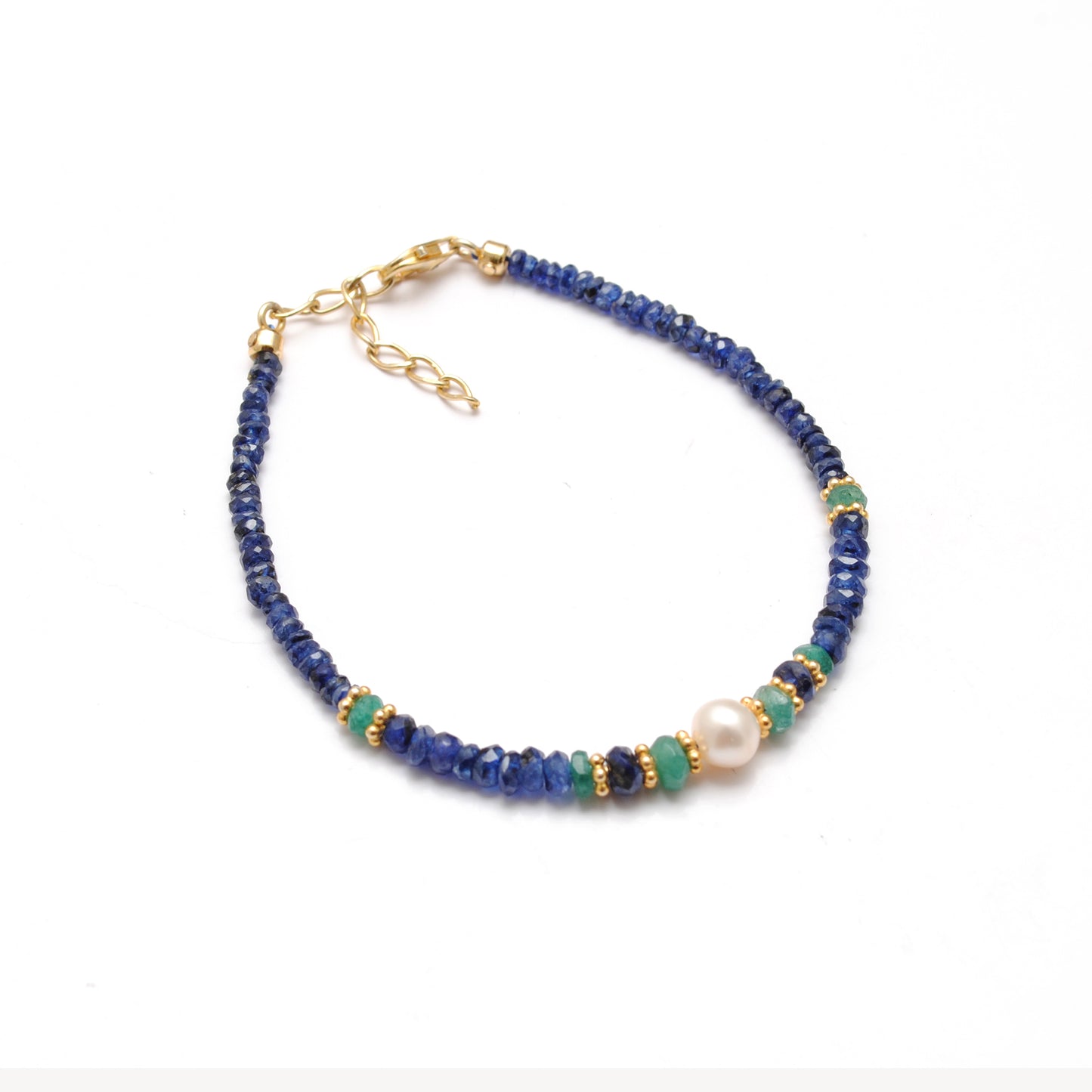 Sapphire Beaded Bracelet, Emerald, Pearl, 925 Sterling Silver