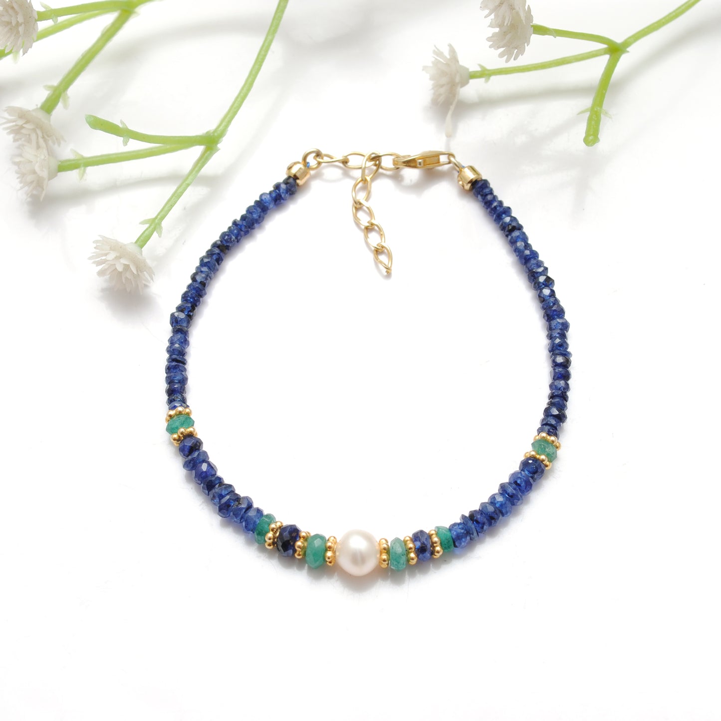 Sapphire Beaded Bracelet, Emerald, Pearl, 925 Sterling Silver