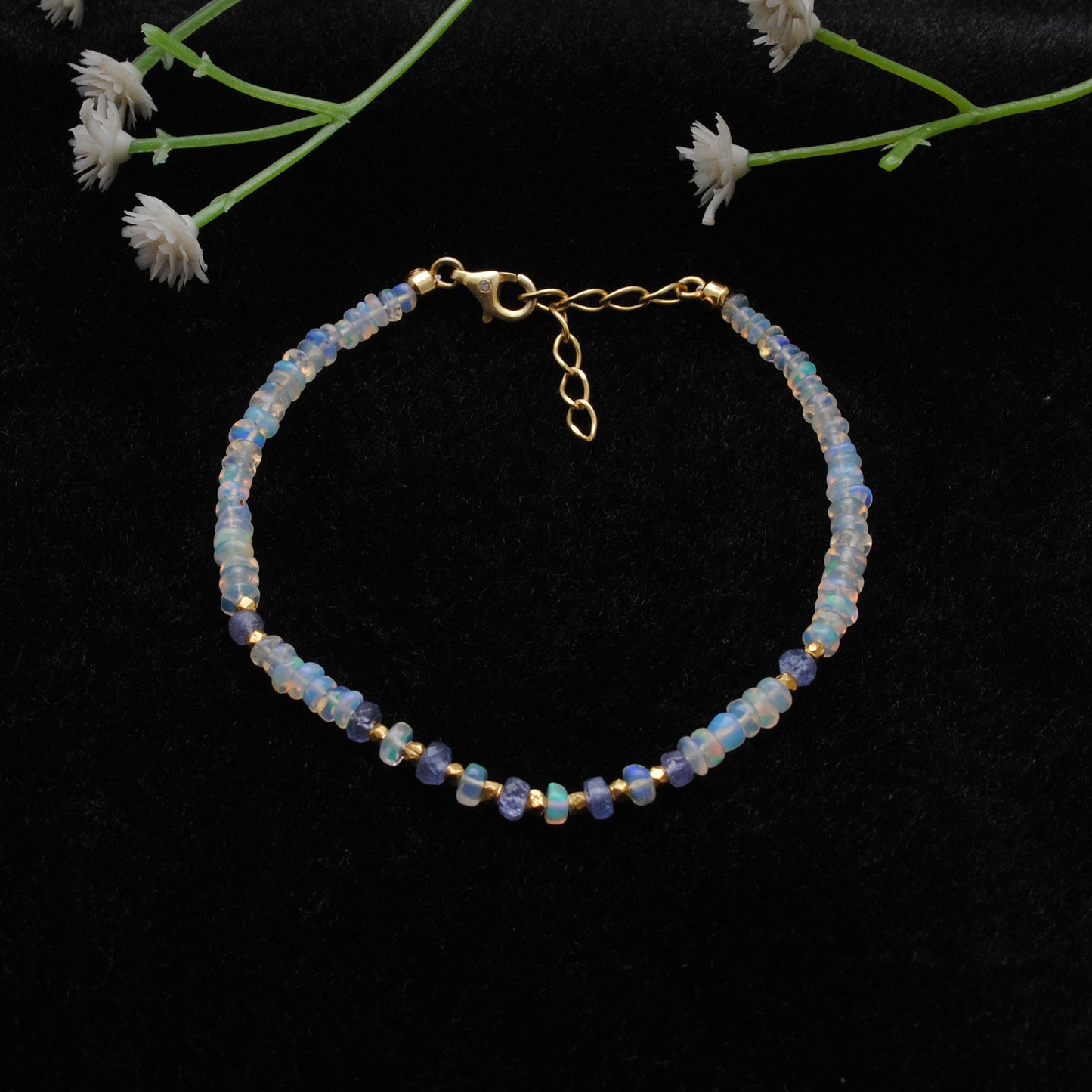 Luxury Ethiopian Opal & Tanzanite Beaded Bracelet – Gold-Plated Sterling Silver