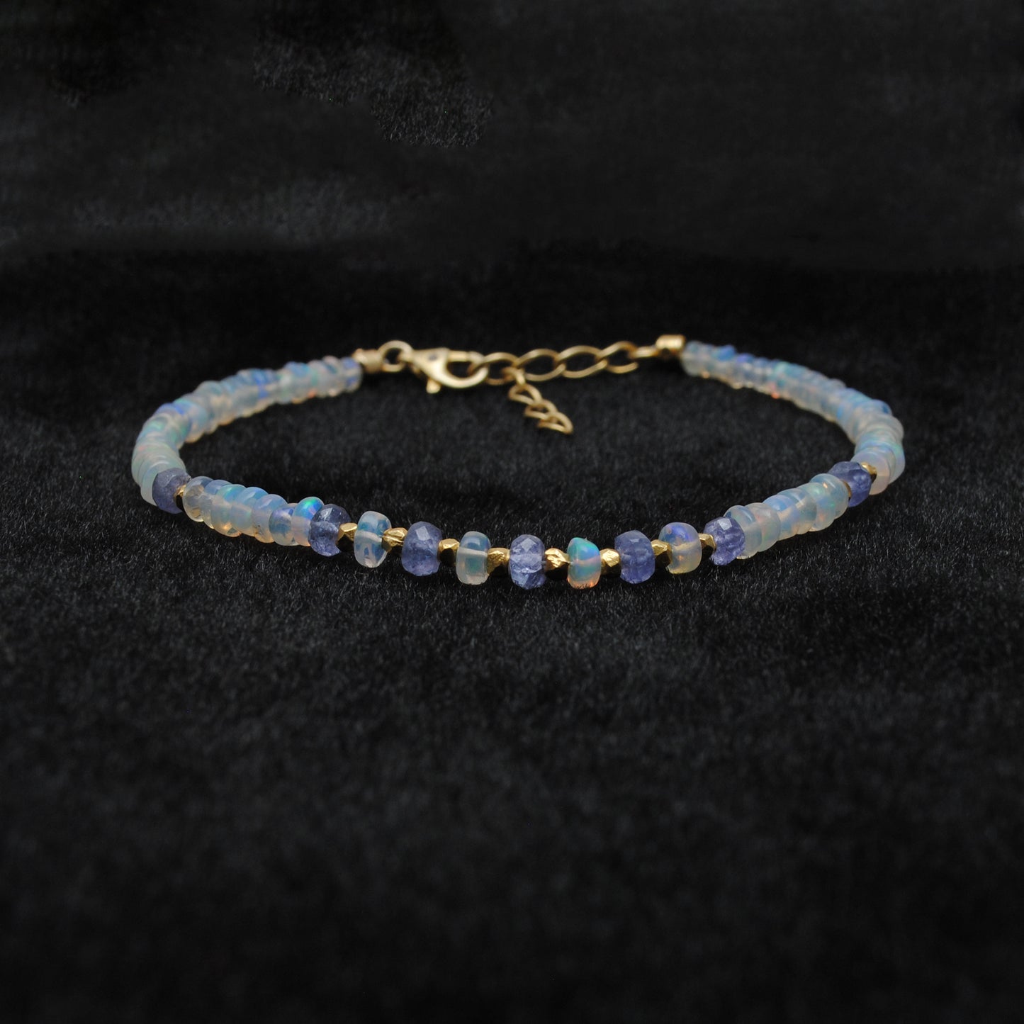 Luxury Ethiopian Opal & Tanzanite Beaded Bracelet – Gold-Plated Sterling Silver