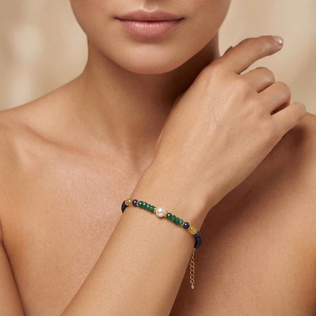 Emerald, Sapphire & Pearl Beaded Bracelet – Sterling Silver