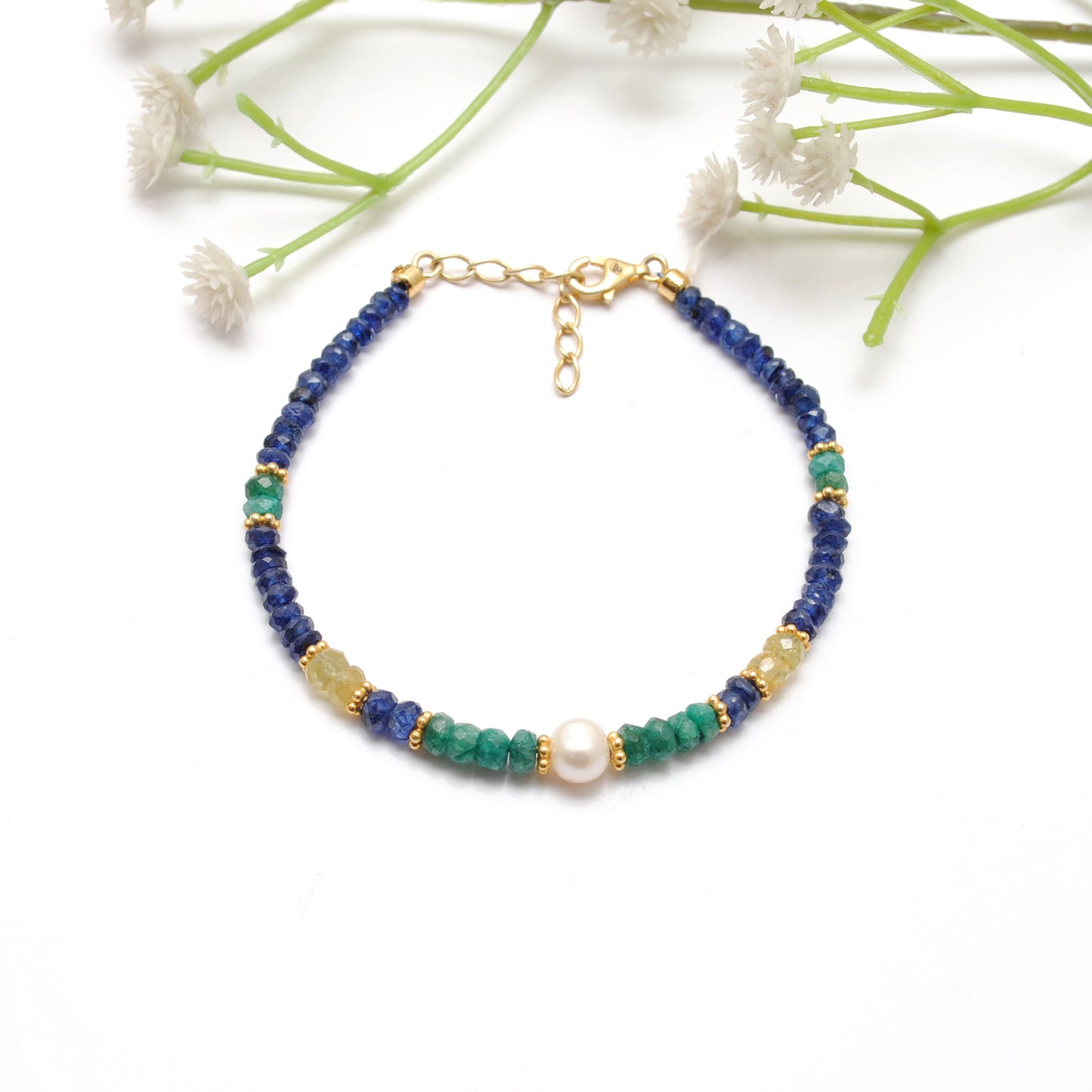 Emerald, Sapphire & Pearl Beaded Bracelet – Sterling Silver