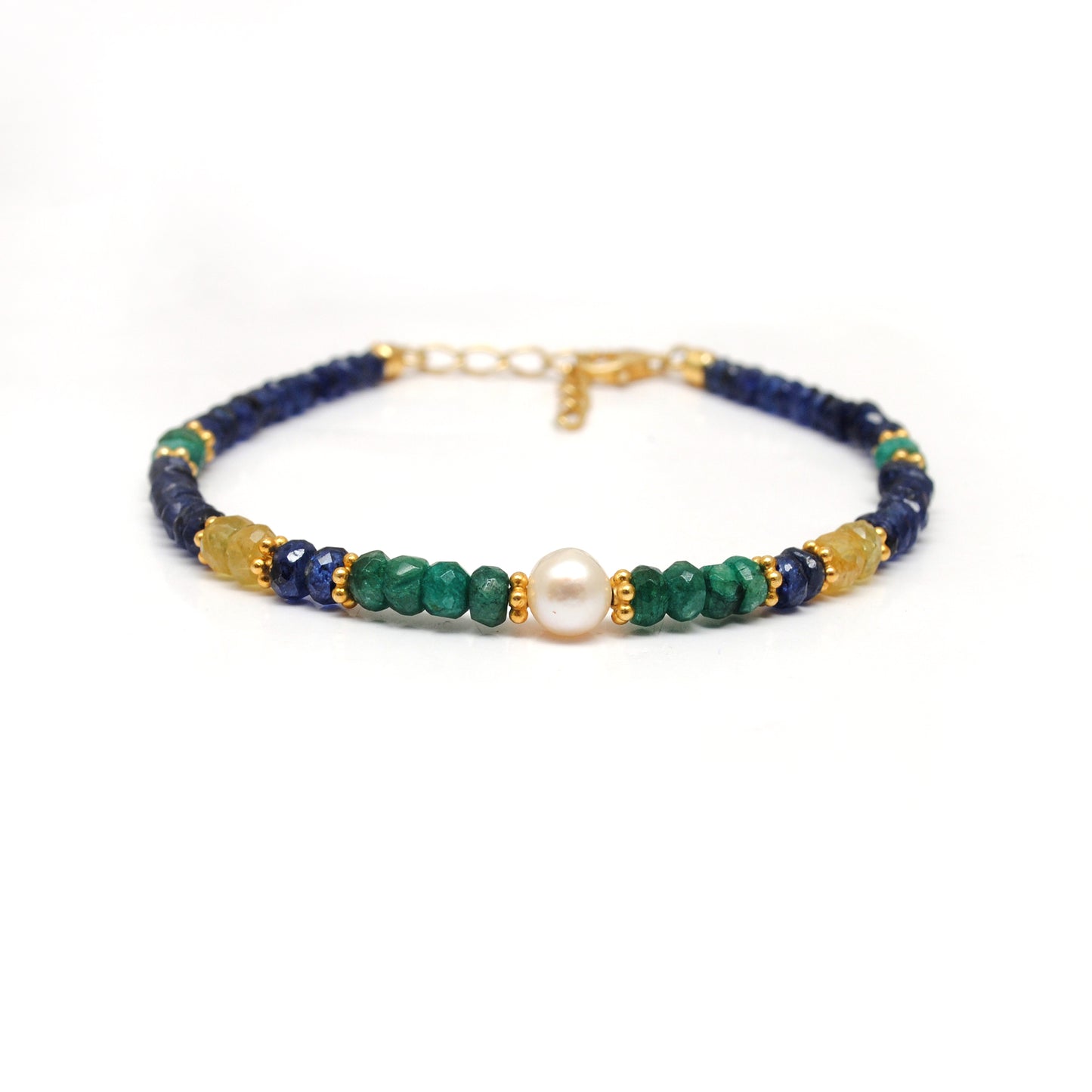 Emerald, Sapphire & Pearl Beaded Bracelet – Sterling Silver