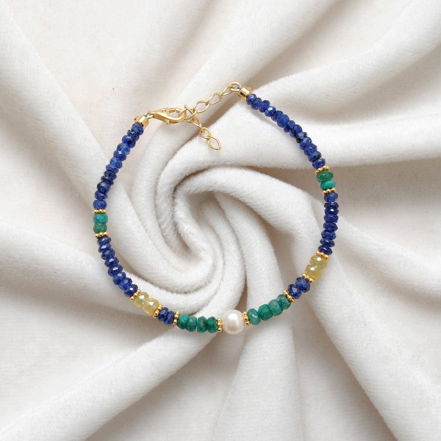 Emerald, Sapphire & Pearl Beaded Bracelet – Sterling Silver