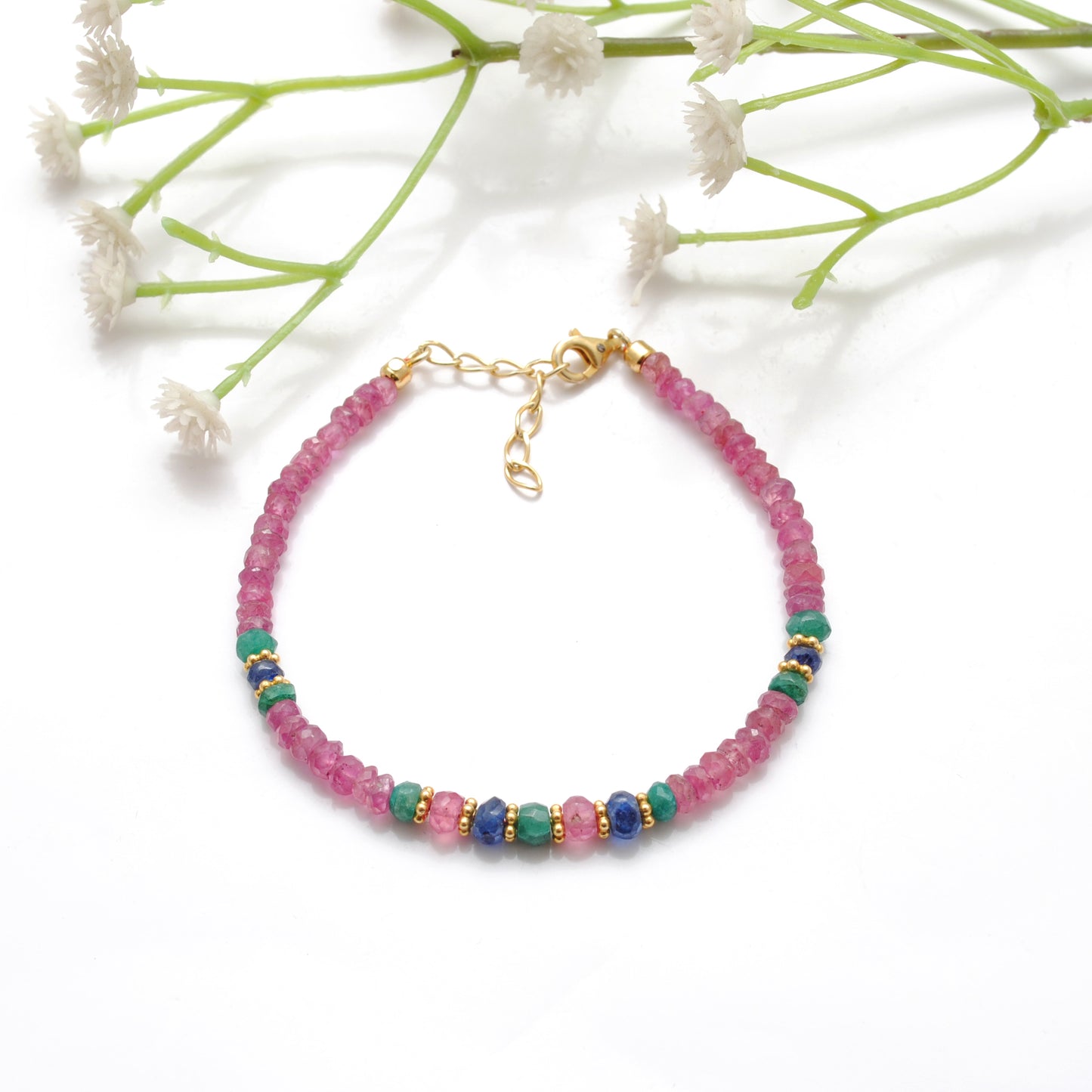 Ruby, Emerald & Sapphire Beaded Vermeil Sterling Silver Bracelet for Women