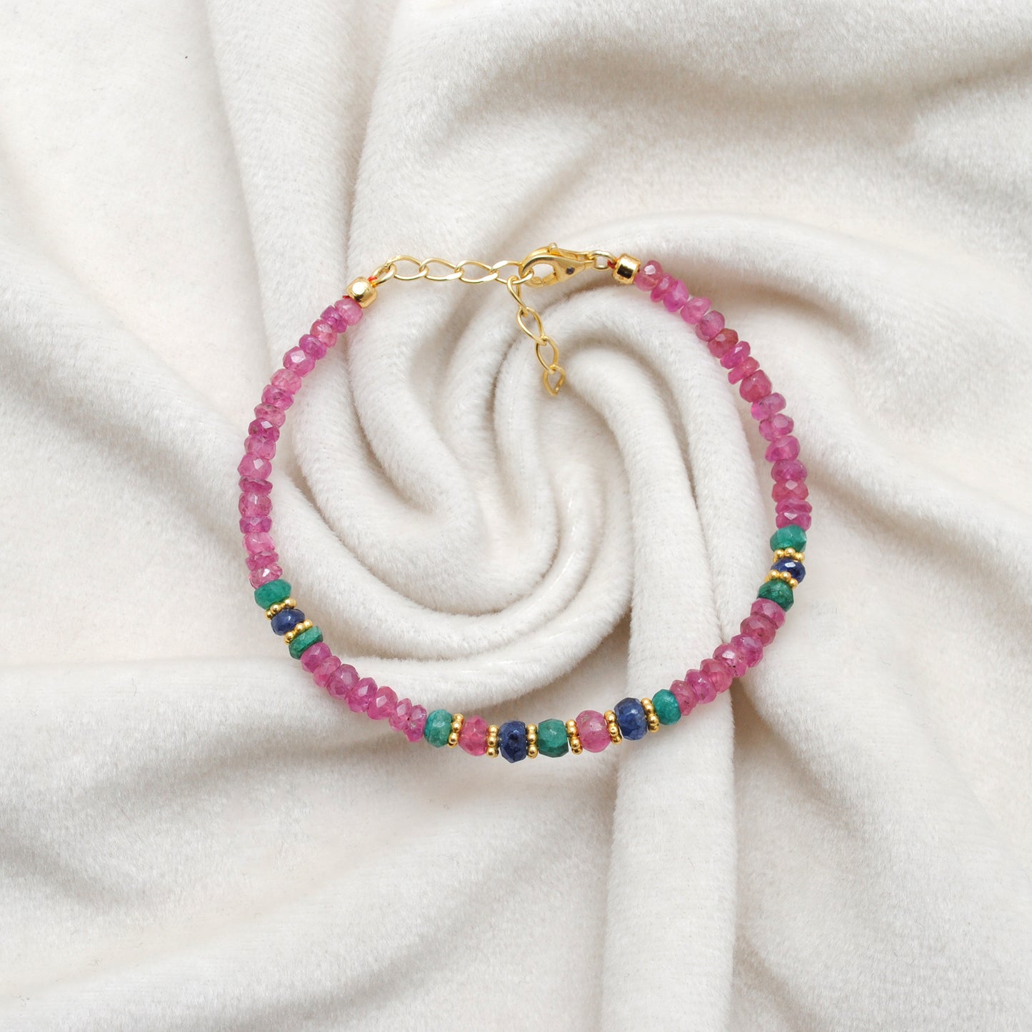 Ruby, Emerald & Sapphire Beaded Vermeil Sterling Silver Bracelet for Women
