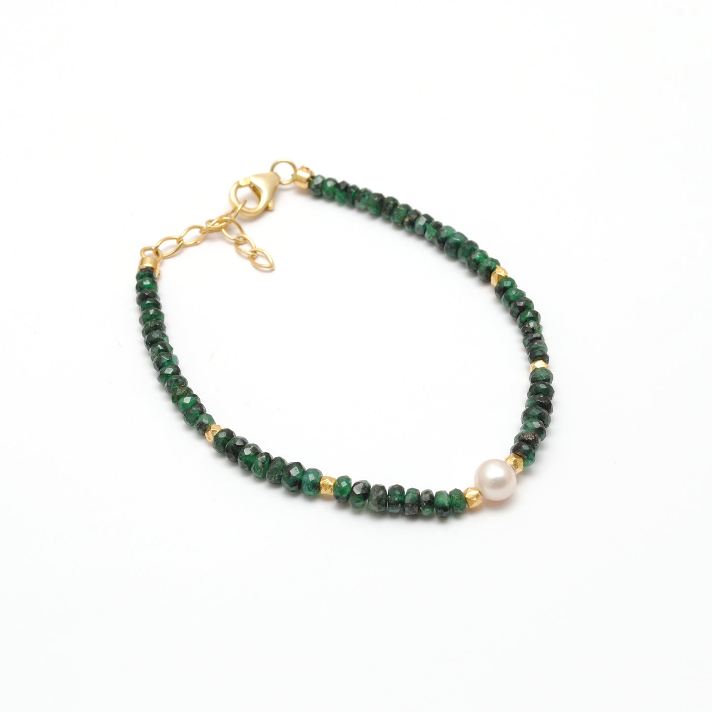 Emerald & Pearl Beaded Bracelet – Gold Plated Sterling Silver, May Birthstone
