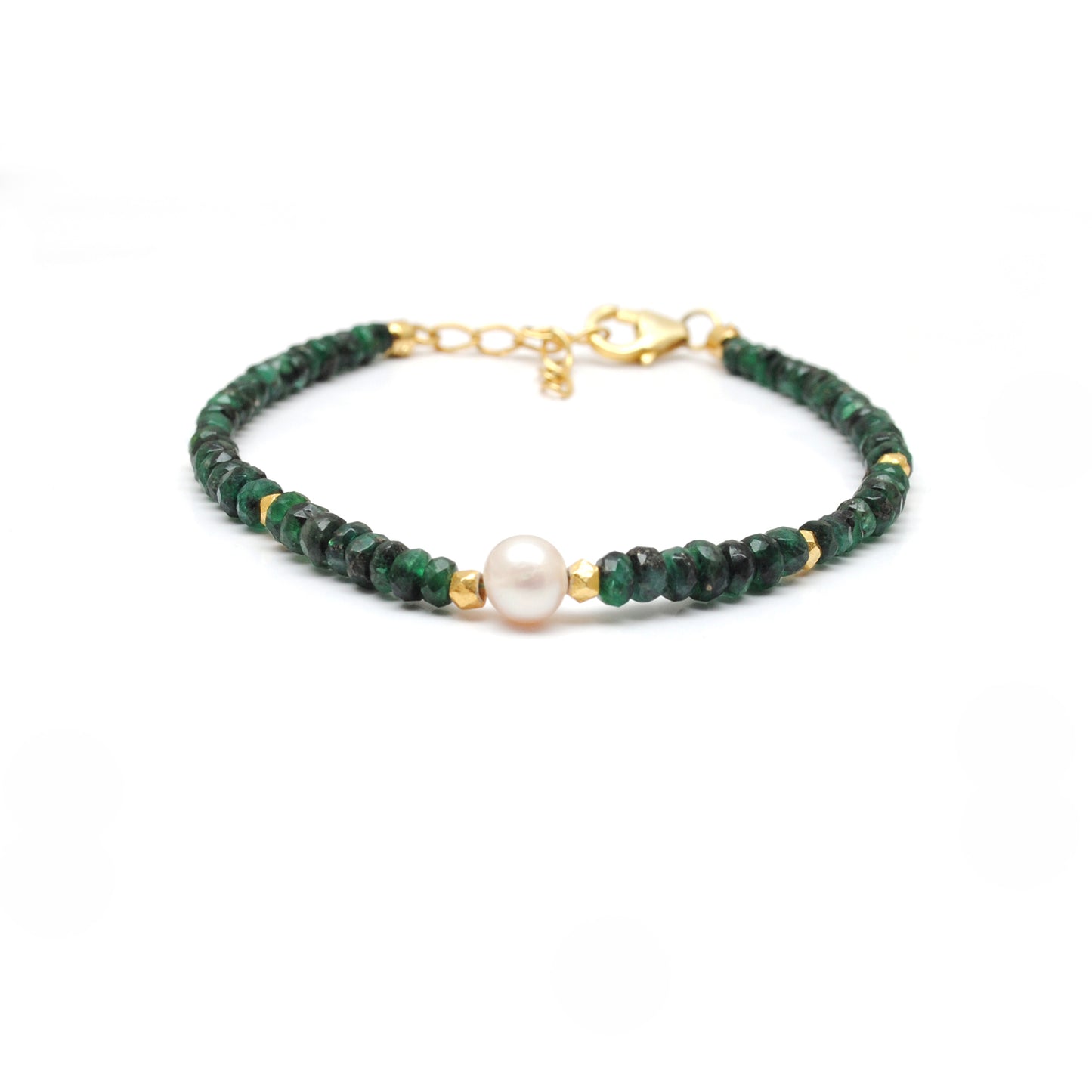 Emerald & Pearl Beaded Bracelet – Gold Plated Sterling Silver, May Birthstone