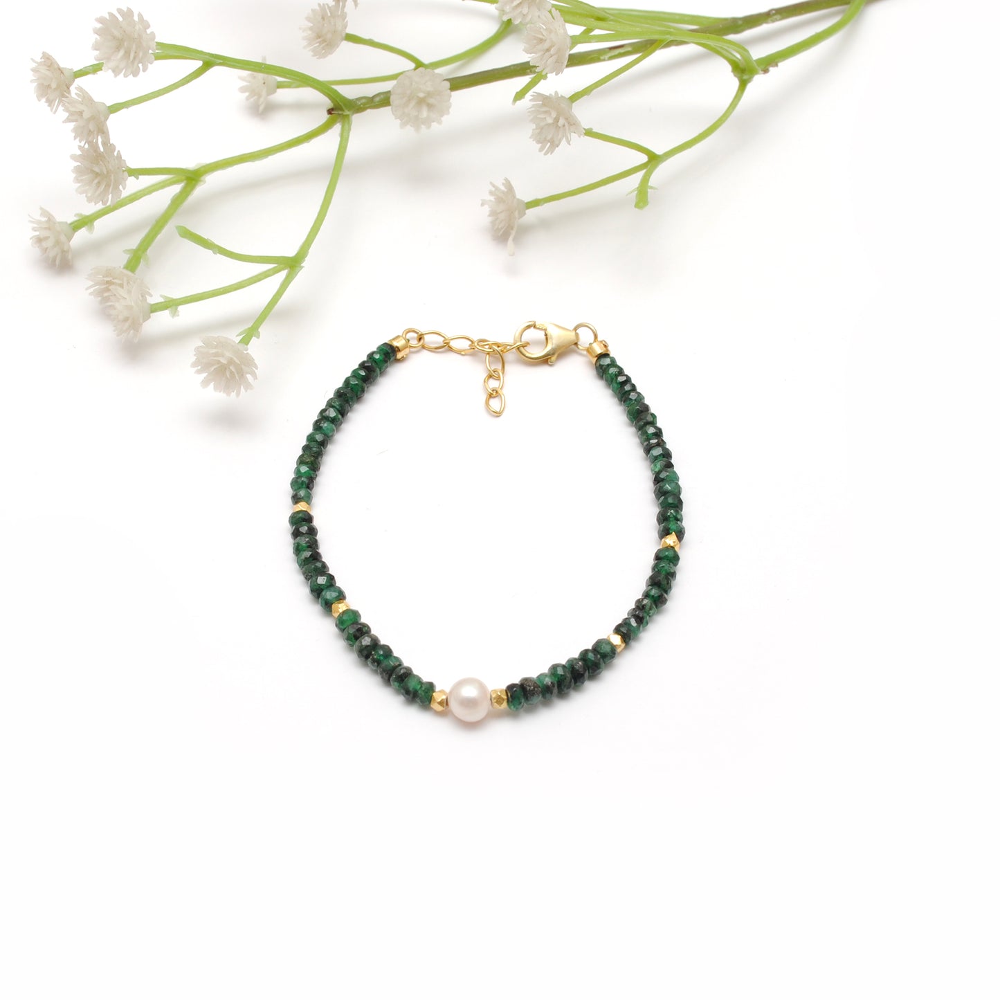Emerald & Pearl Beaded Bracelet – Gold Plated Sterling Silver, May Birthstone