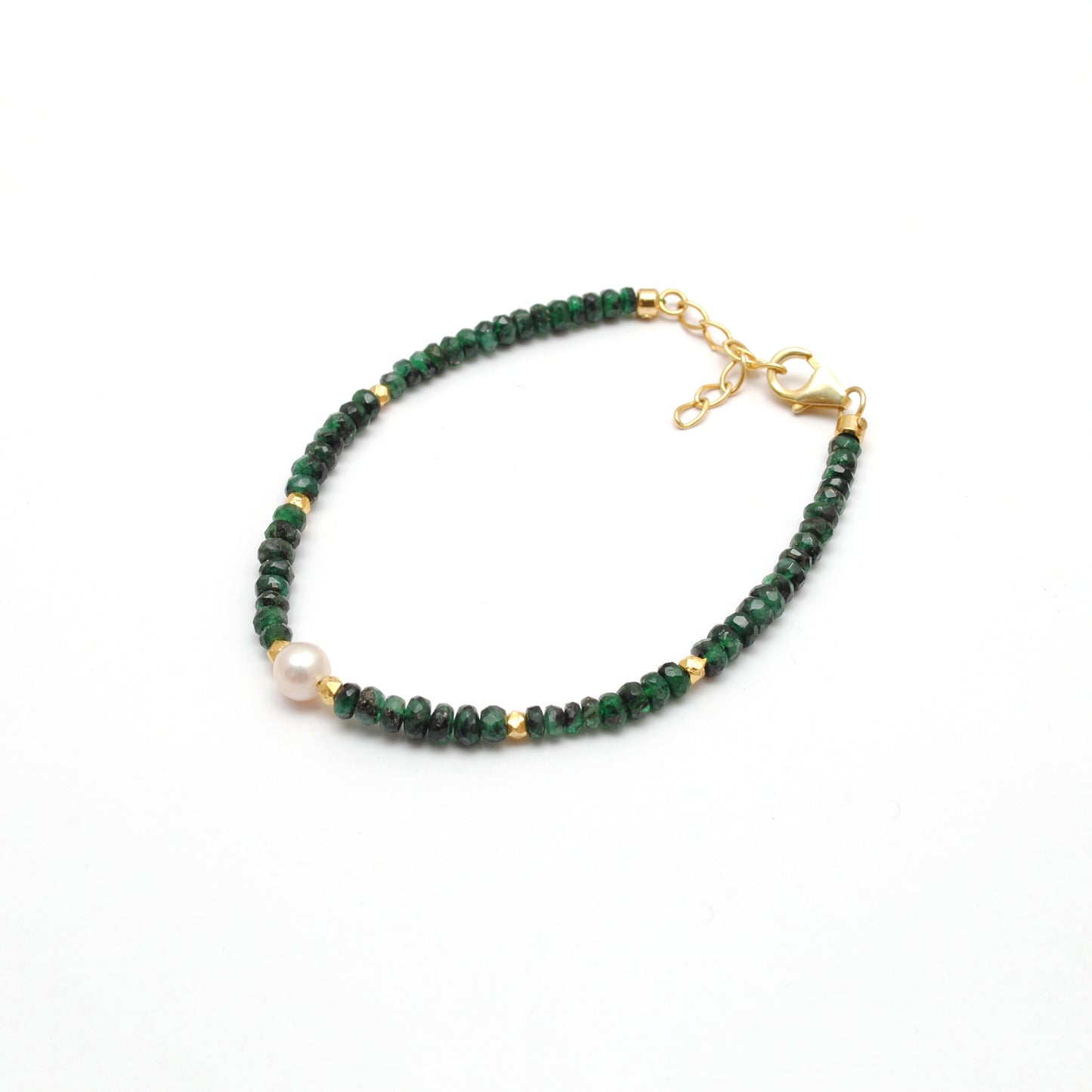 Emerald & Pearl Beaded Bracelet – Gold Plated Sterling Silver, May Birthstone