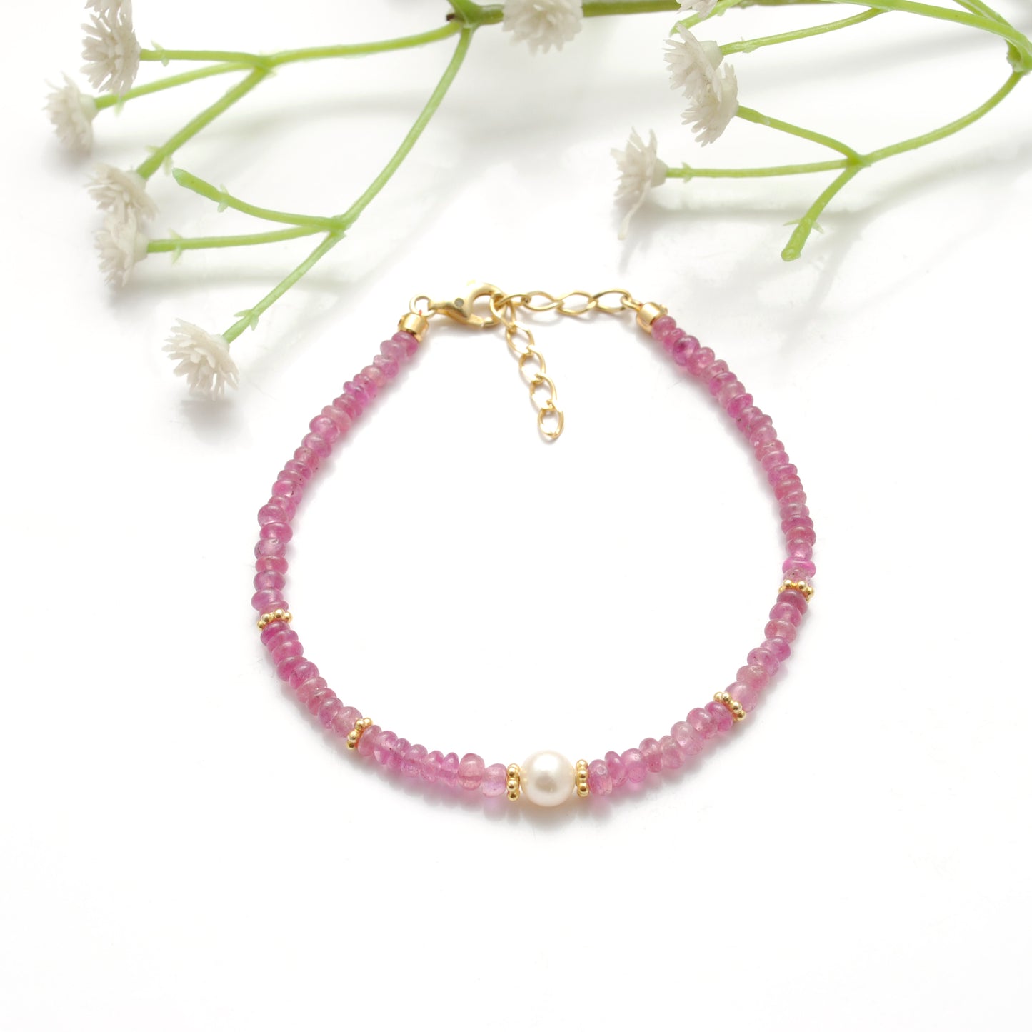 Natural Ruby & Pearl Bracelet – Gold Plated Sterling Silver, July Birthstone