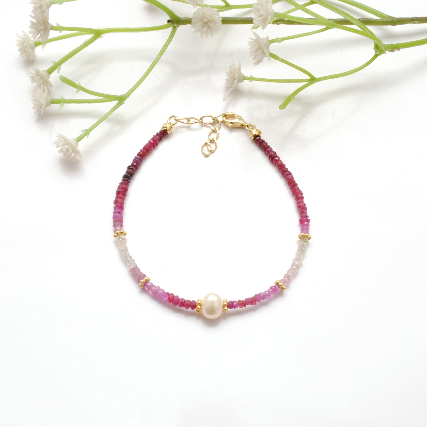 Ombre Ruby & Pearl Birthstone Stacking Bracelet – Sterling Silver Gold Plated