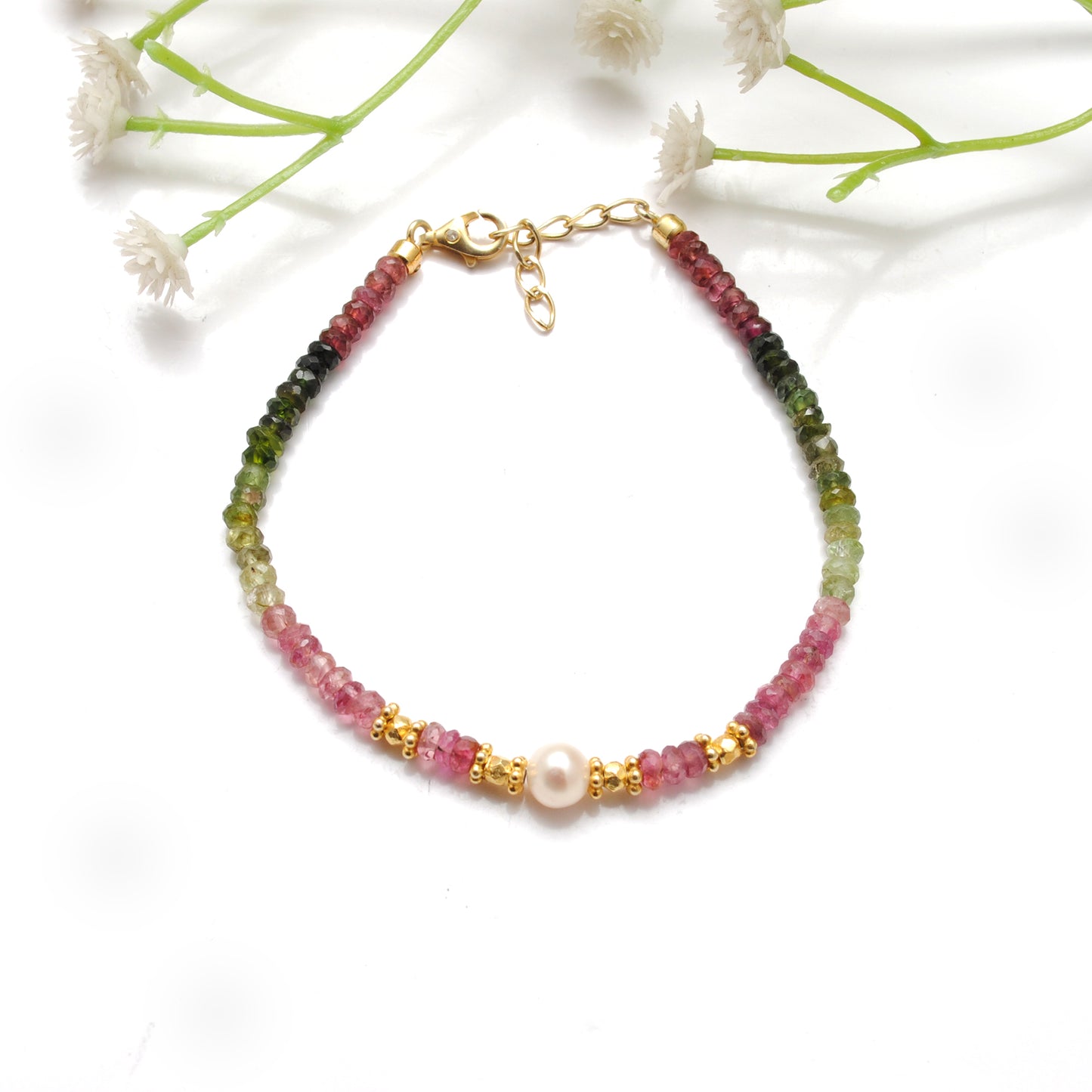 Multi Tourmaline & Pearl Beaded Bracelet – Gold Plated Sterling Silver