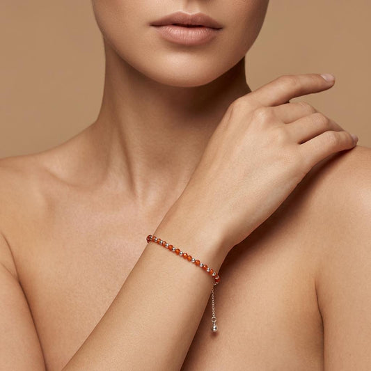 Hessonite Garnet Beaded Bracelet – Dainty 925 Sterling Silver