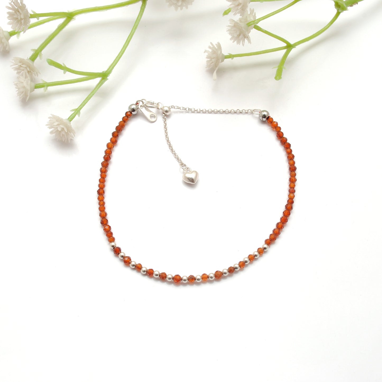Hessonite Garnet Beaded Bracelet – Dainty 925 Sterling Silver