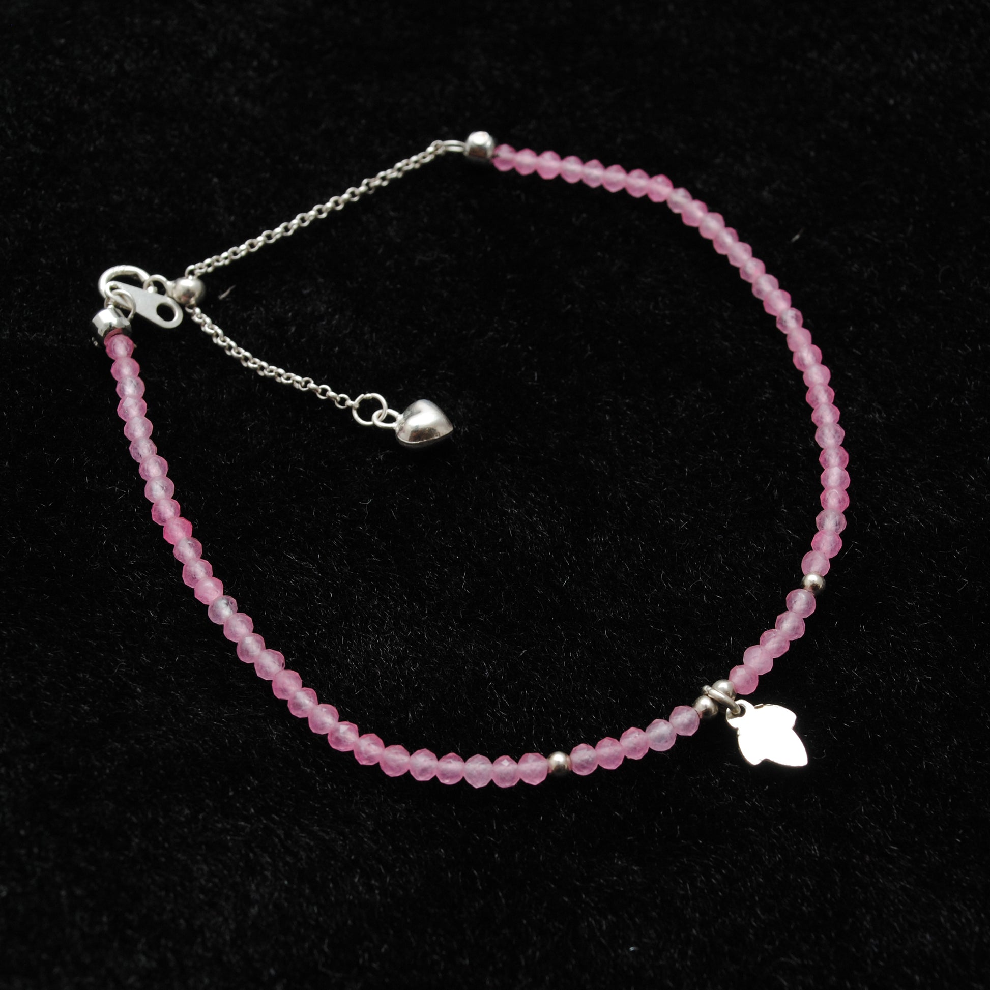 "Pink chalcedony gemstone bracelet with 925 sterling silver charm, handmade delicate beaded jewelry for women."
