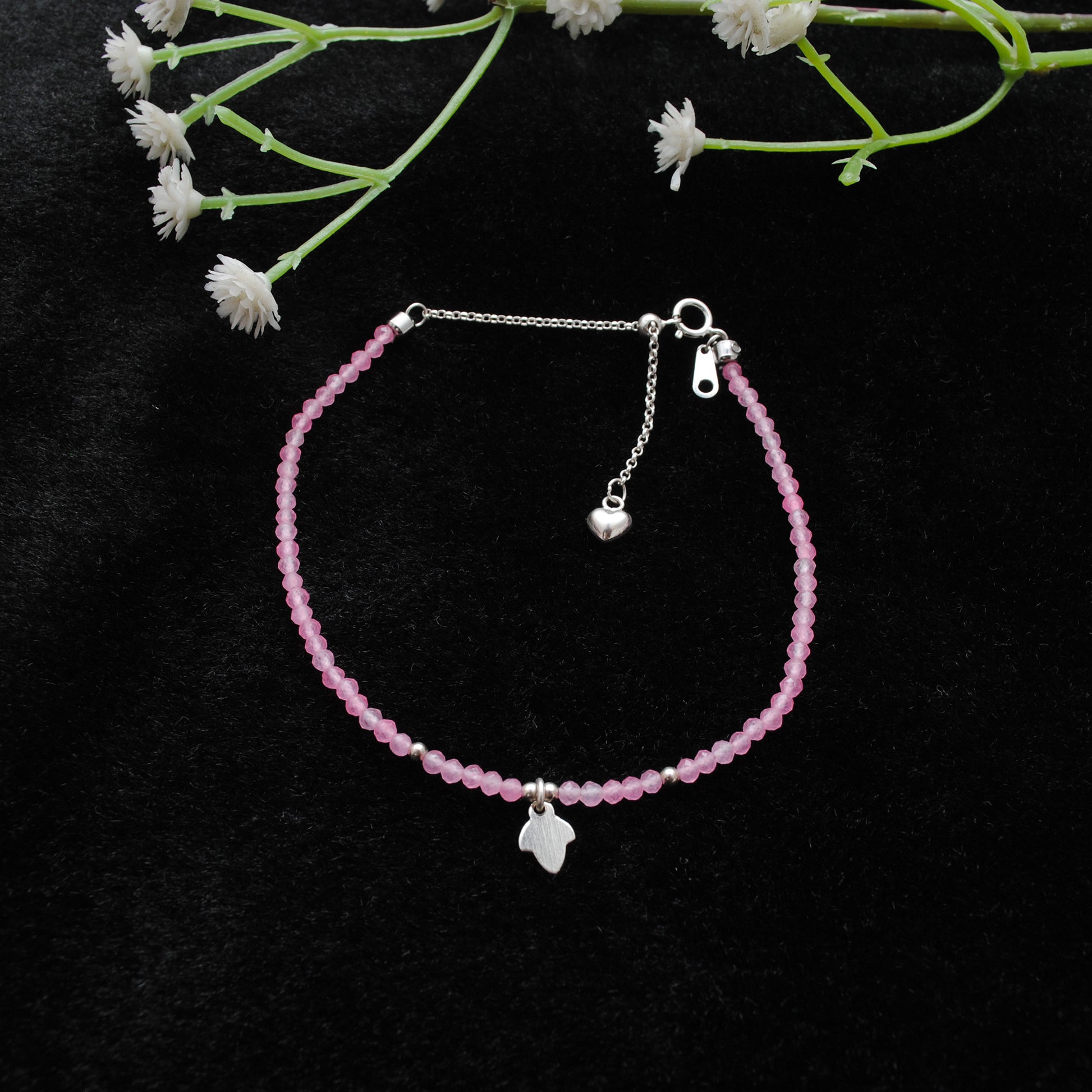 "Pink chalcedony gemstone bracelet with 925 sterling silver charm, handmade delicate beaded jewelry for women."