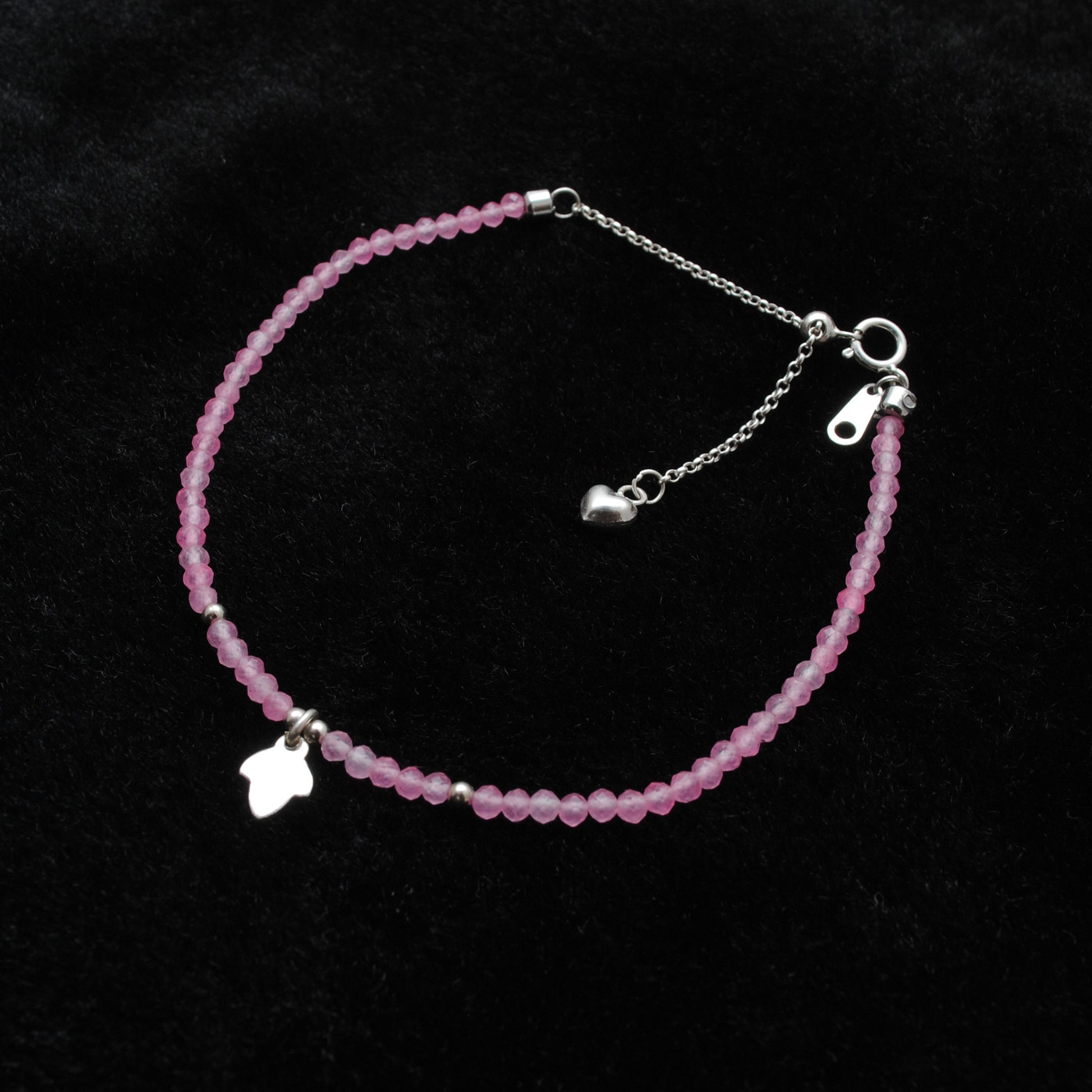 "Pink chalcedony gemstone bracelet with 925 sterling silver charm, handmade delicate beaded jewelry for women."