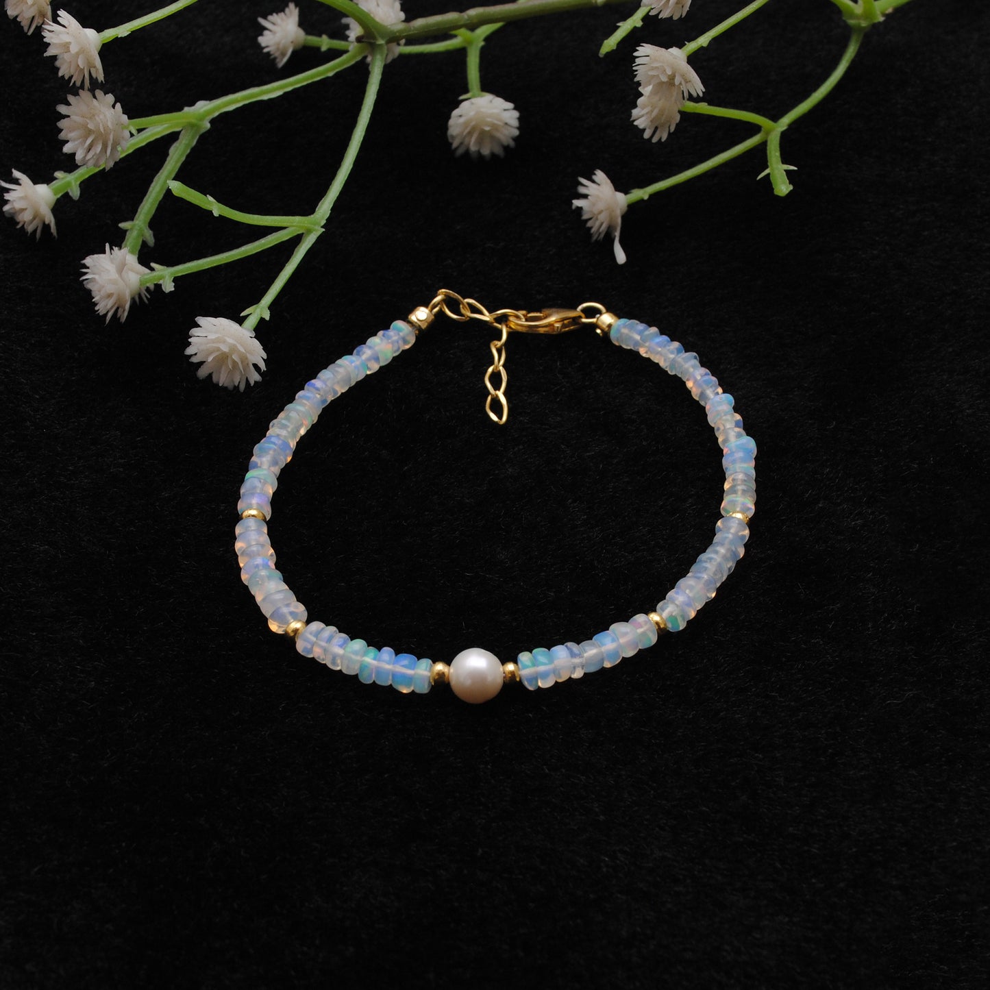 Handmade Ethiopian Opal & Pearl Beaded Bracelet – 925 Sterling Silver 8"