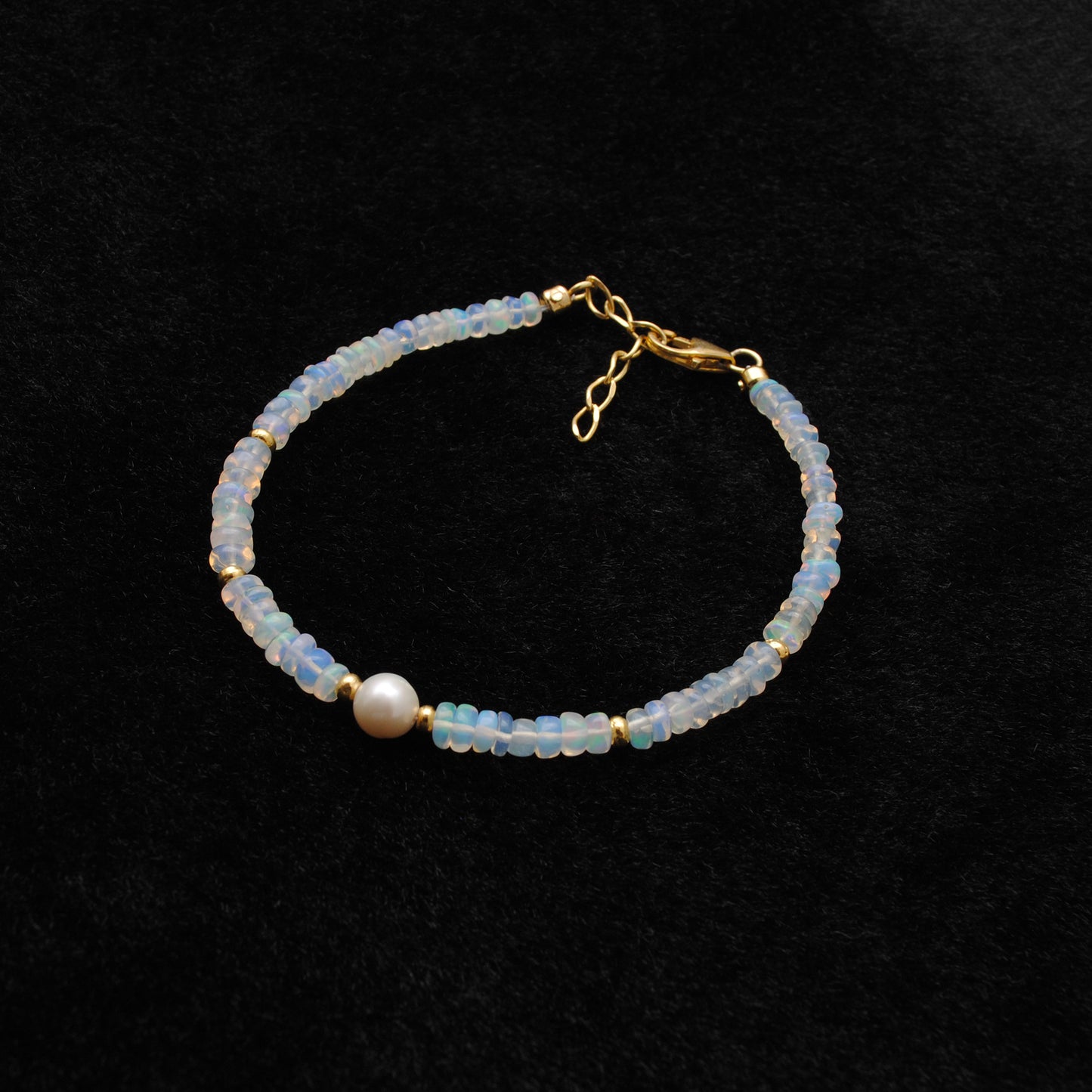 Handmade Ethiopian Opal & Pearl Beaded Bracelet – 925 Sterling Silver 8"